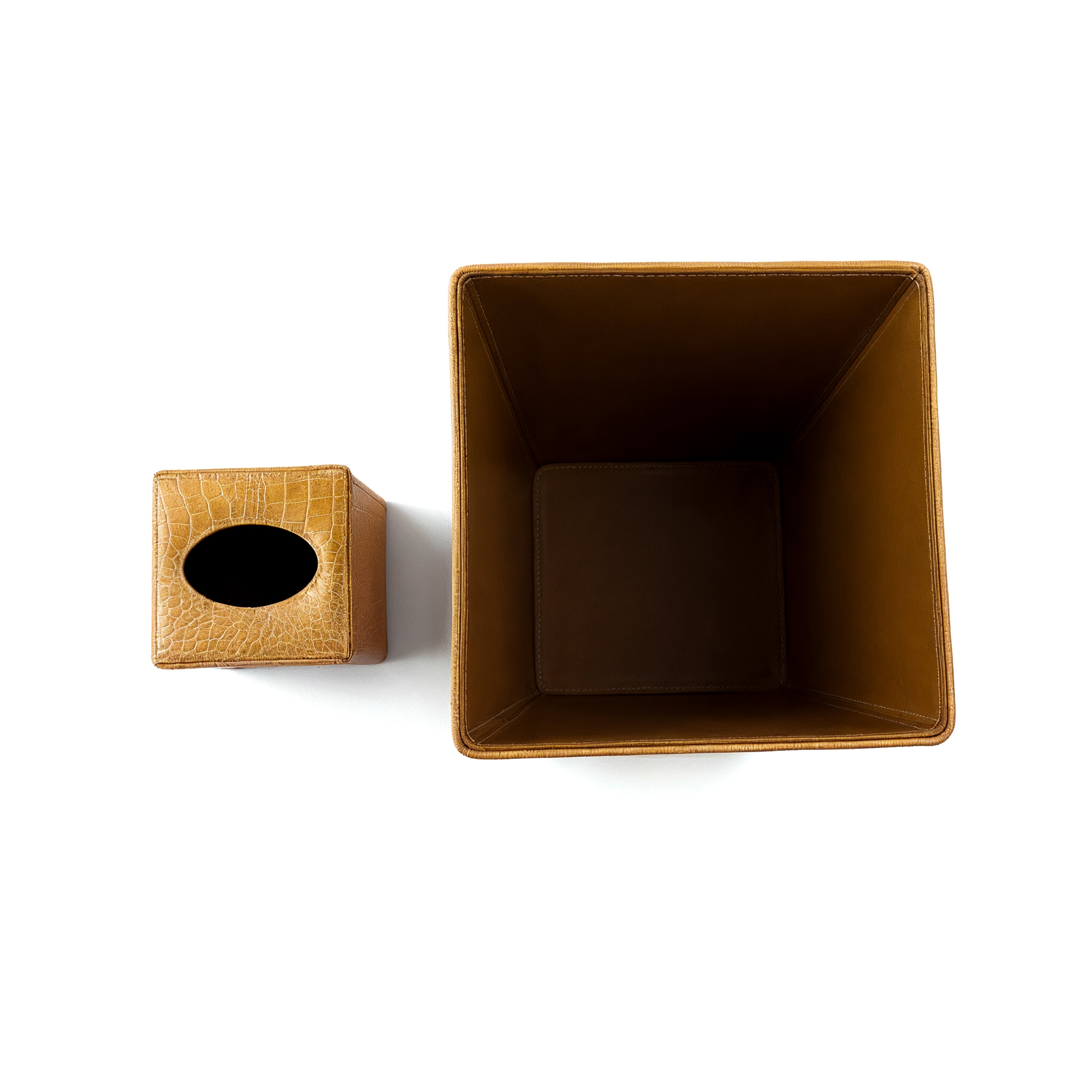 Habitat International. A Set of Leather Tissue Box & Wastebasket.