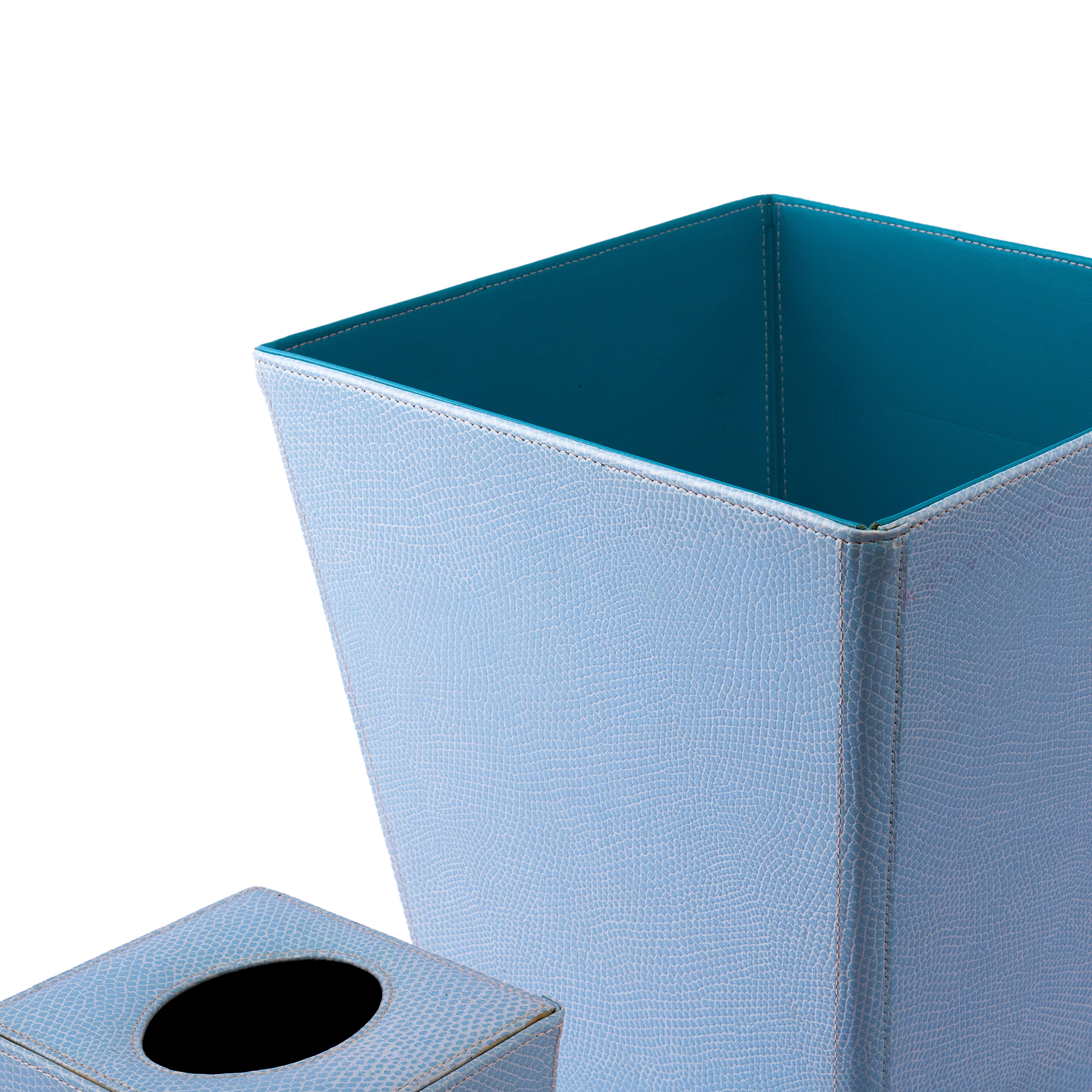 Habitat International. A Set of Blue Leather Tissue Box & Wastebasket.
