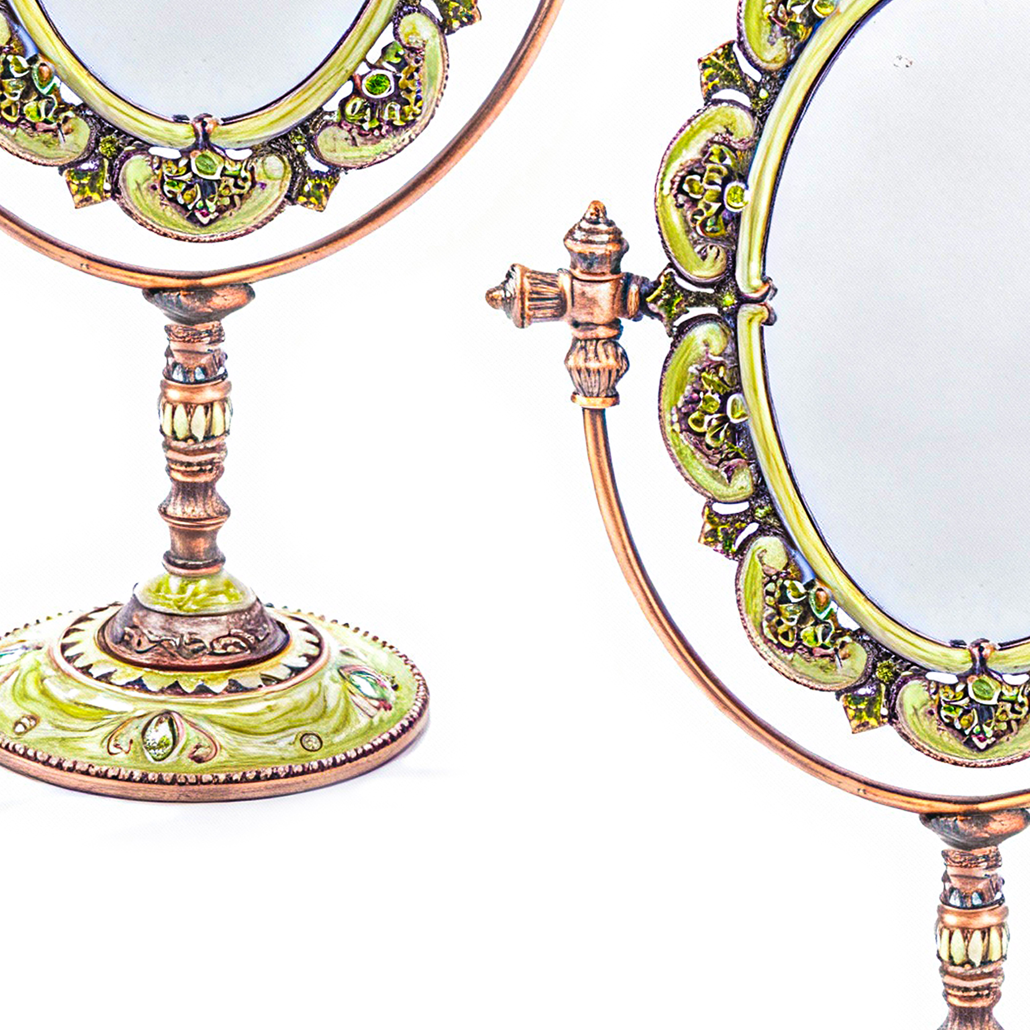 Welforth. Green Enamel Standing Mirror Studded with Rhinestones