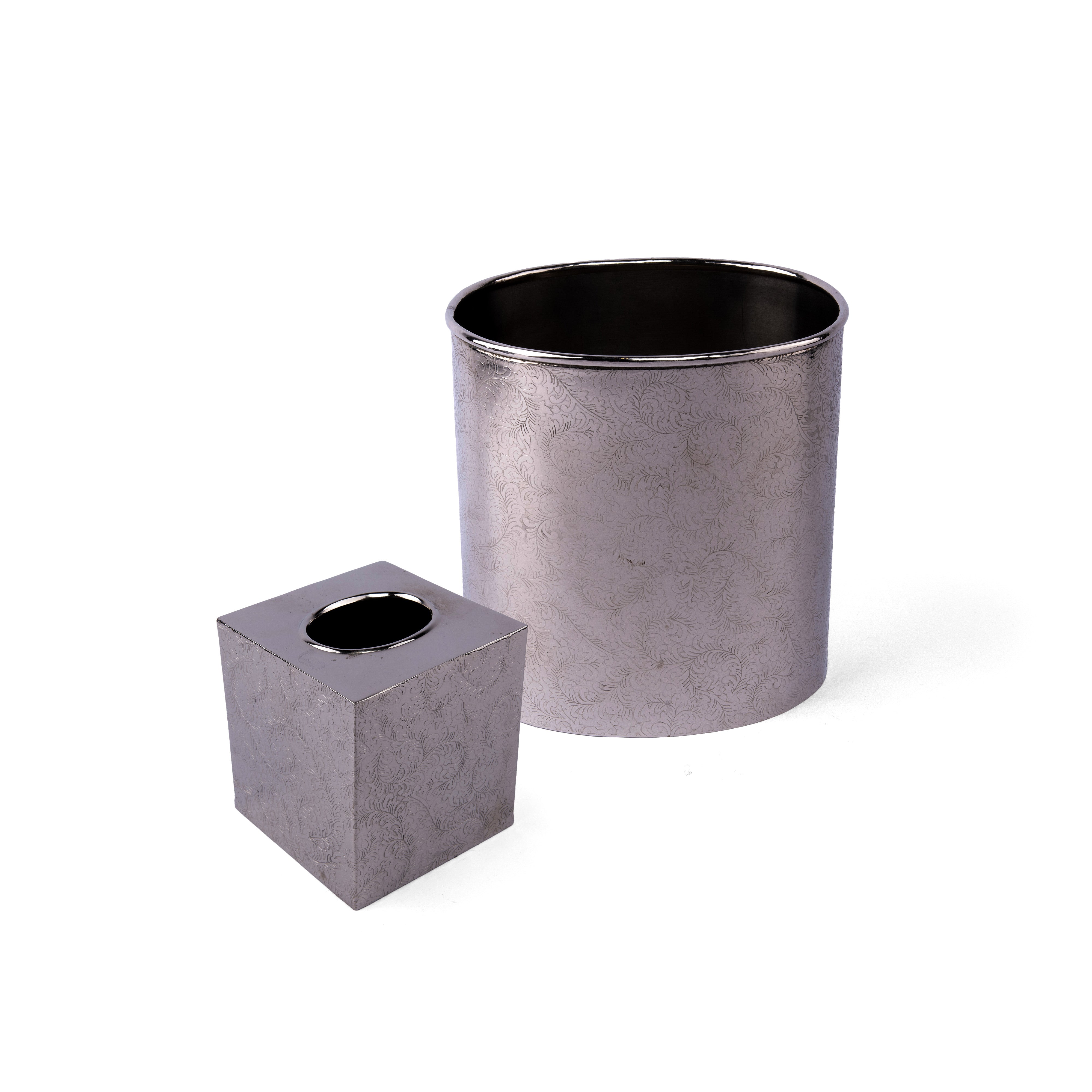 Paradigm Trends. Set of Silver Tissue Box & Wastebasket.