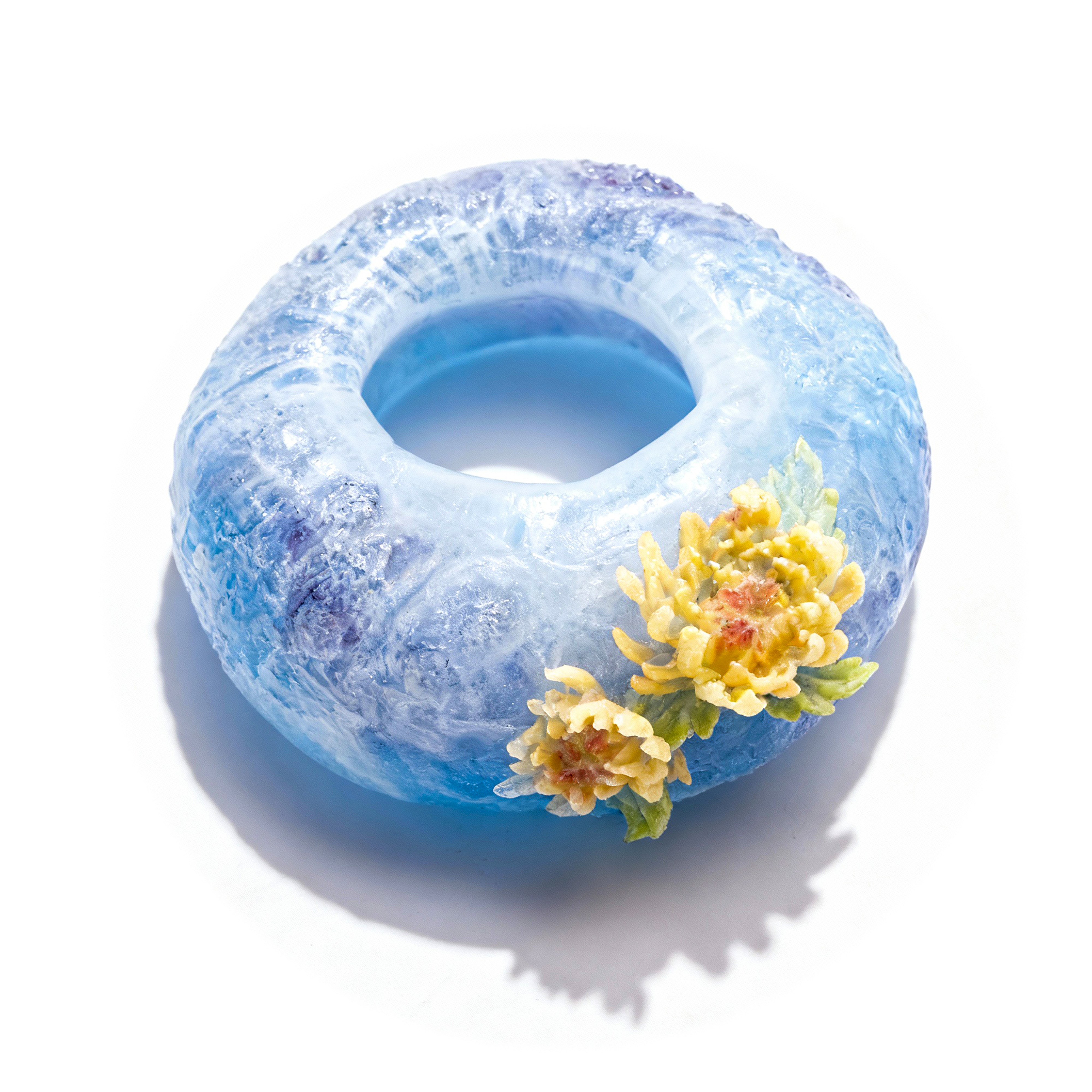 Liuligongfang Glass. Blue Crystal Figurine Designed with Yellow Blooms. Small Size