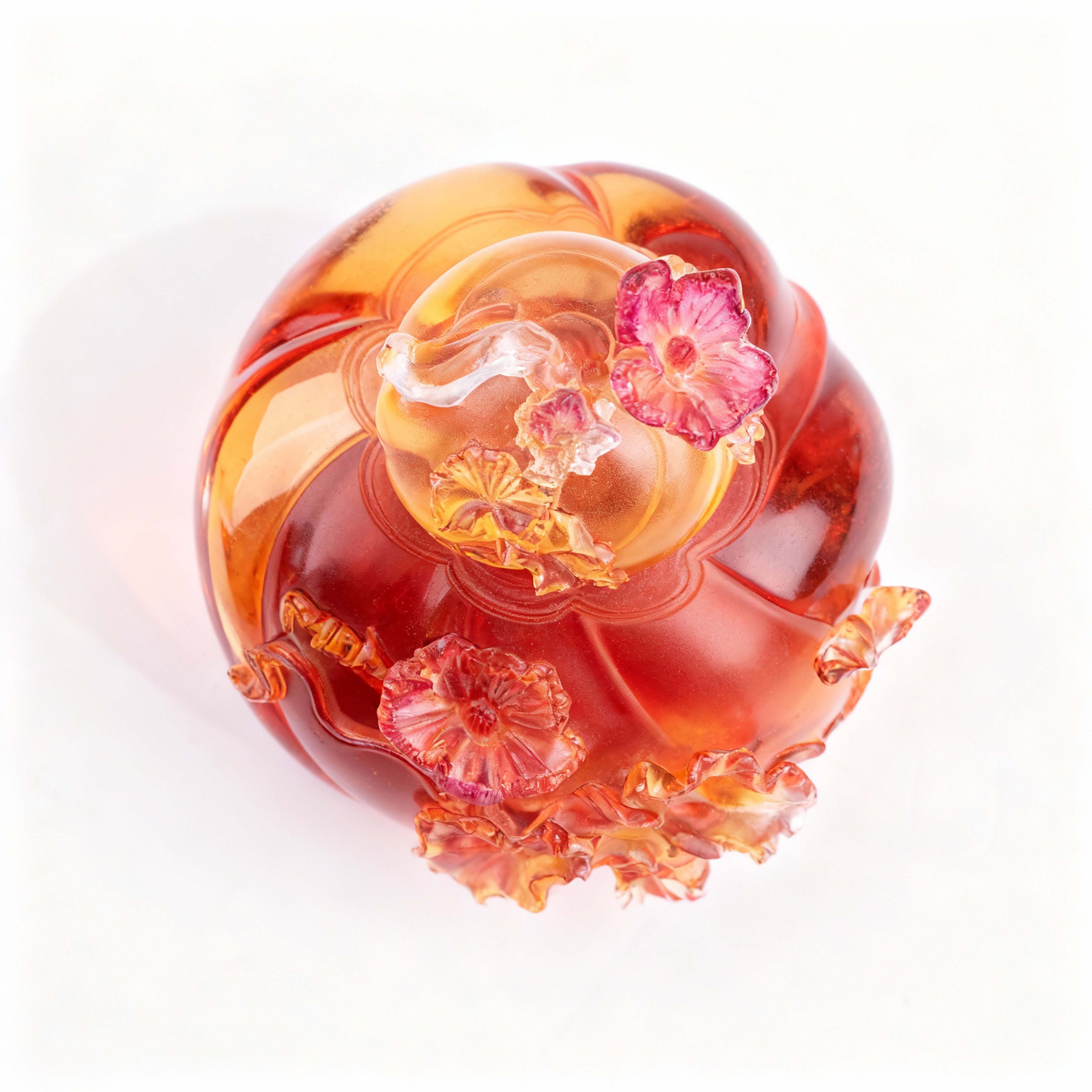 Liuligongfang Glass. Amber Crystal Figurine with Flowers. Small Size