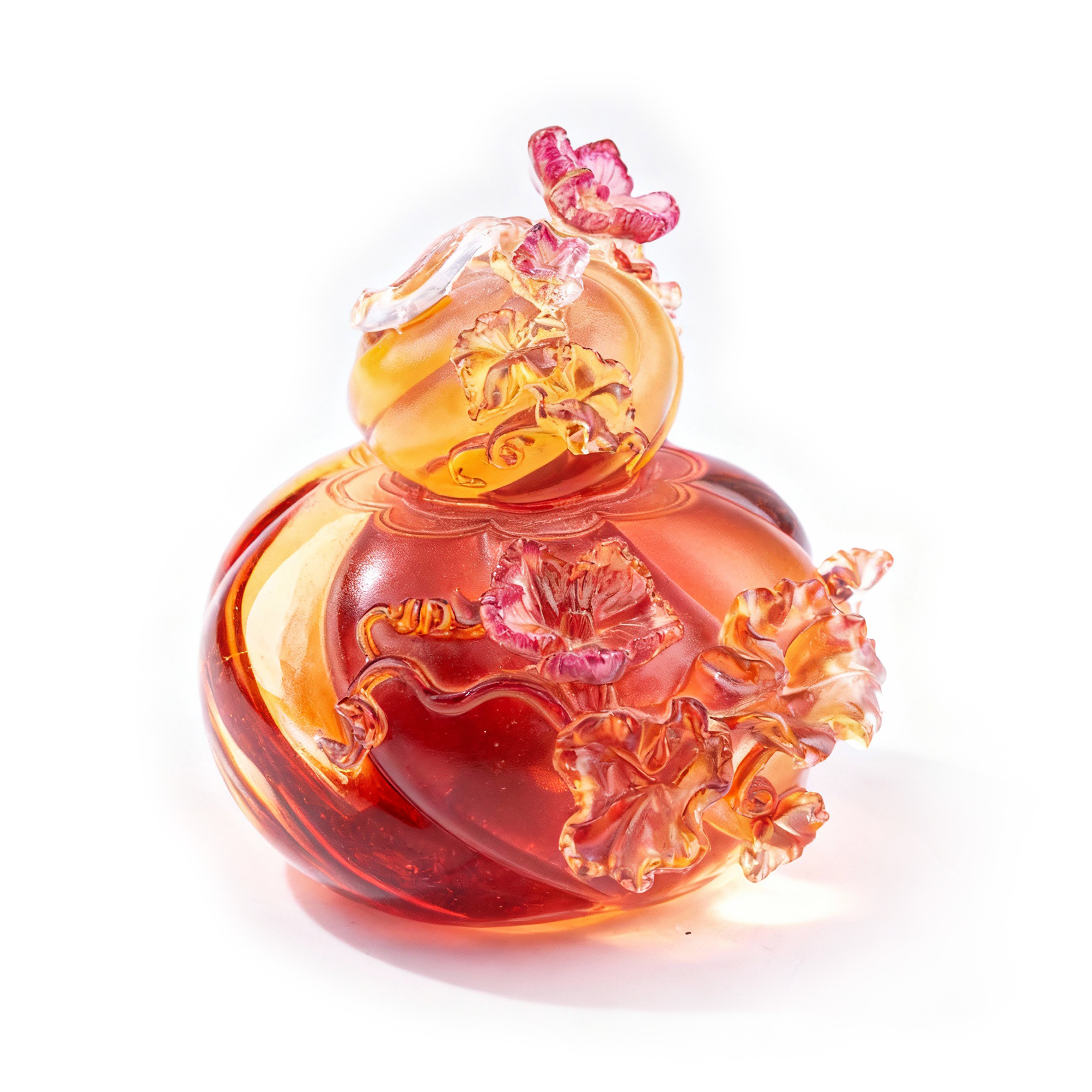 Liuligongfang Glass. Amber Crystal Figurine with Flowers. Small Size