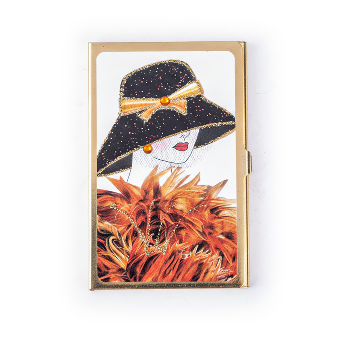 Spring Street Design. Gold Plated Card Holder & Calculator Studded Featuring a Classy Lady