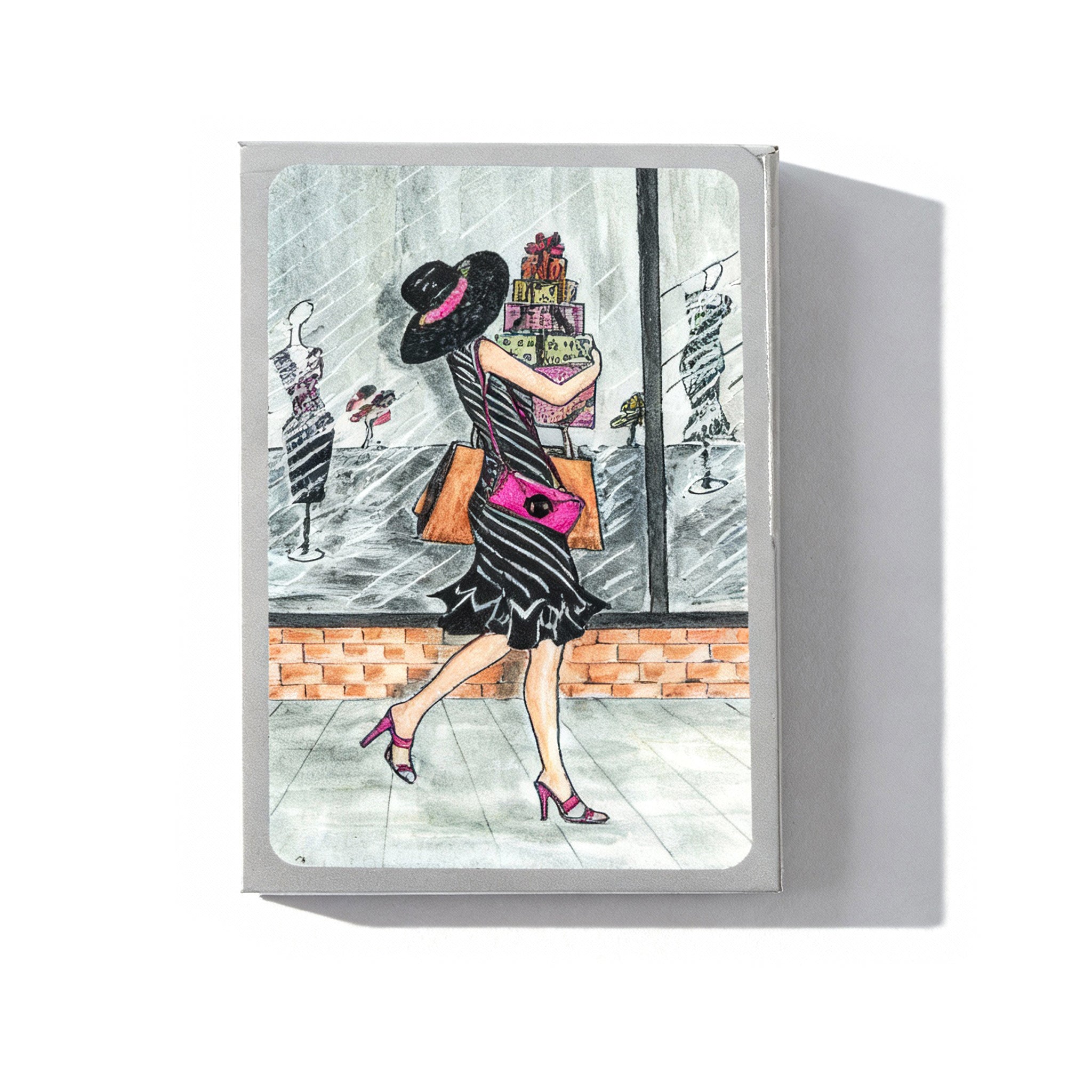 Personalized Expressions. Silver Card Holder with a Shopping Lady Illustration. Small Size
