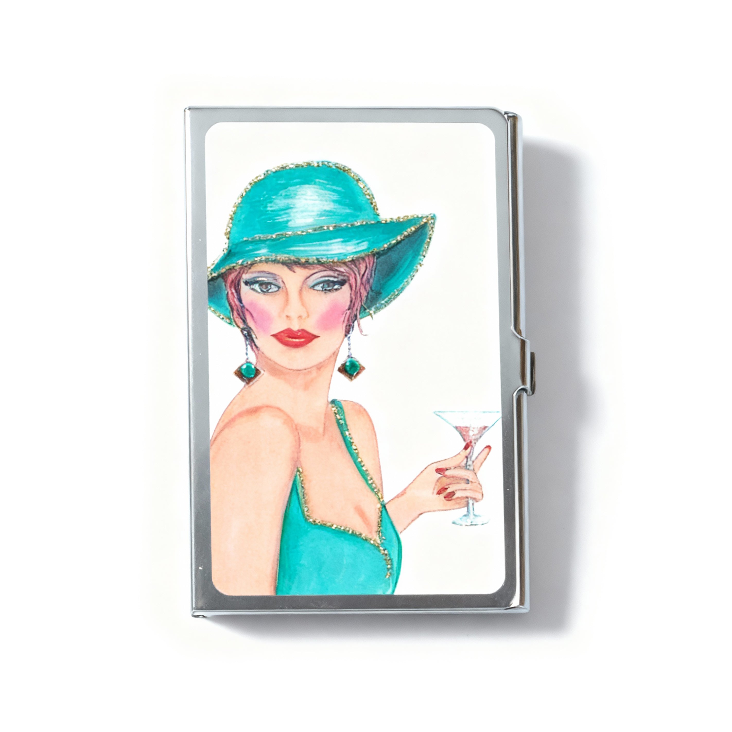 Personalized Expressions. Silver Card Holder with a Lady in Blue Illustration. Small Size