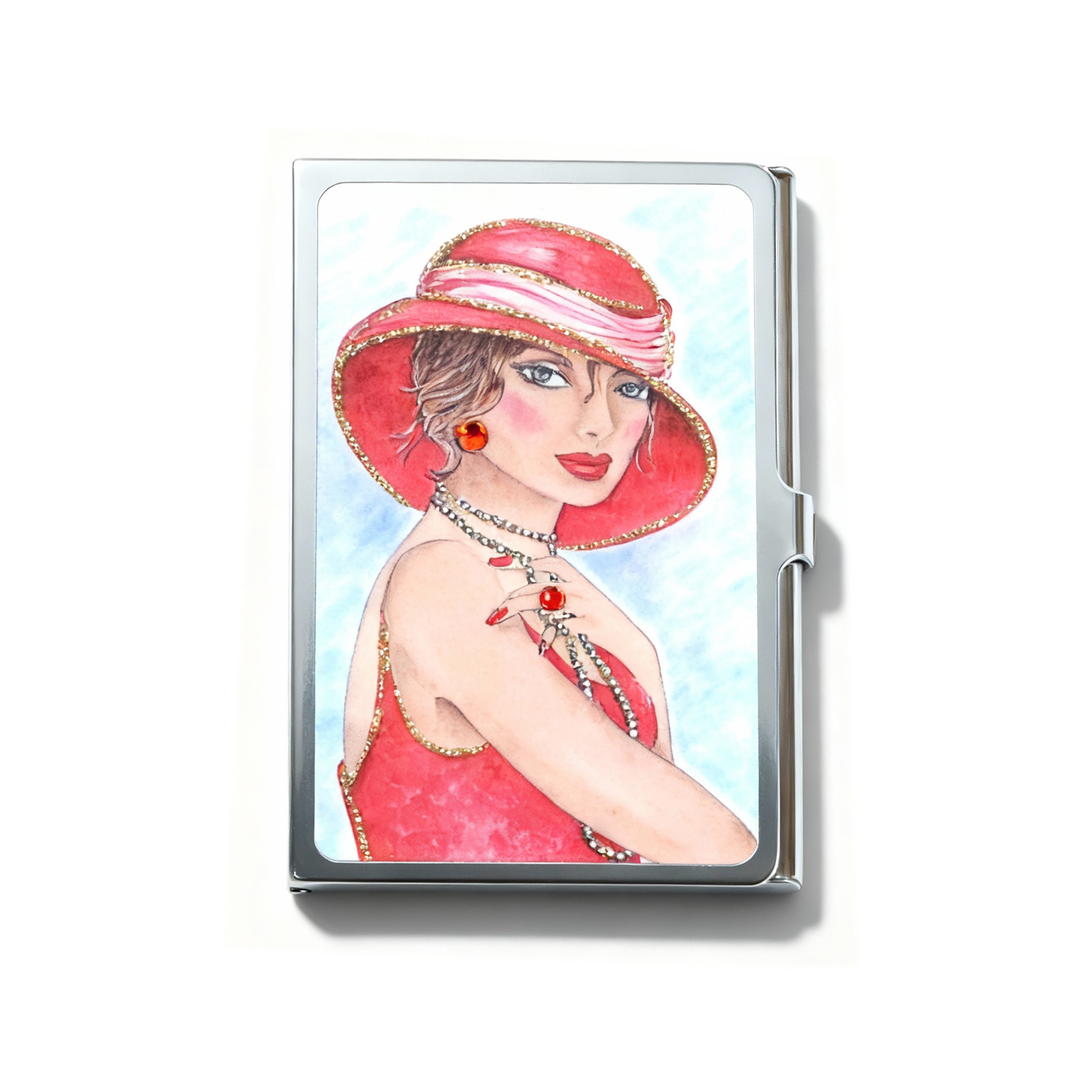Personalized Expressions. Silver Card Holder with a Lady in Red Illustration. Small Size