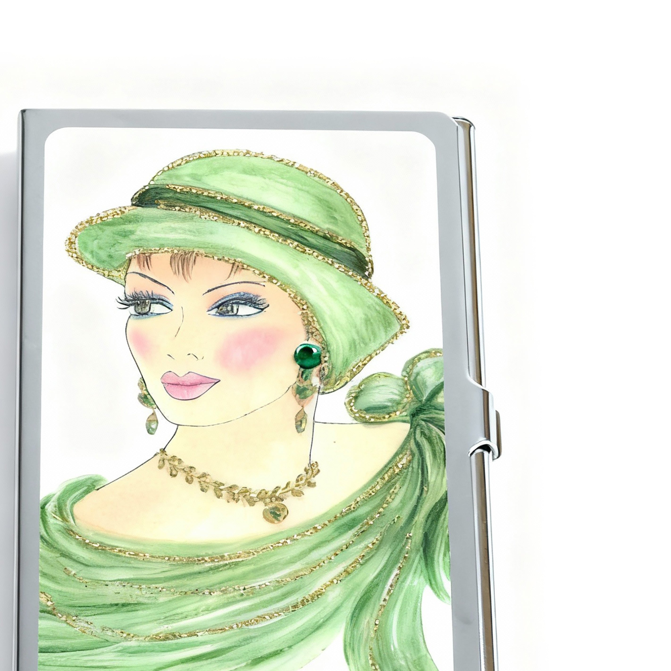 Personalized Expressions. Silver Card Holder with a Lady in Green Illustration. Small Size