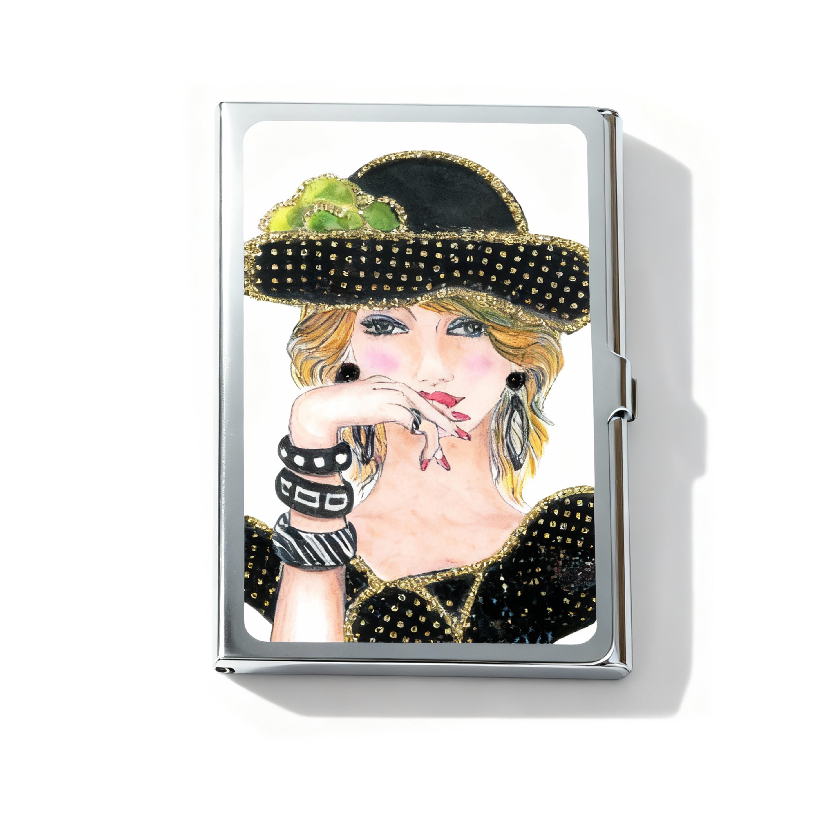 Personalized Expressions. Silver Card Holder with a Lady in black Illustration. Small Size