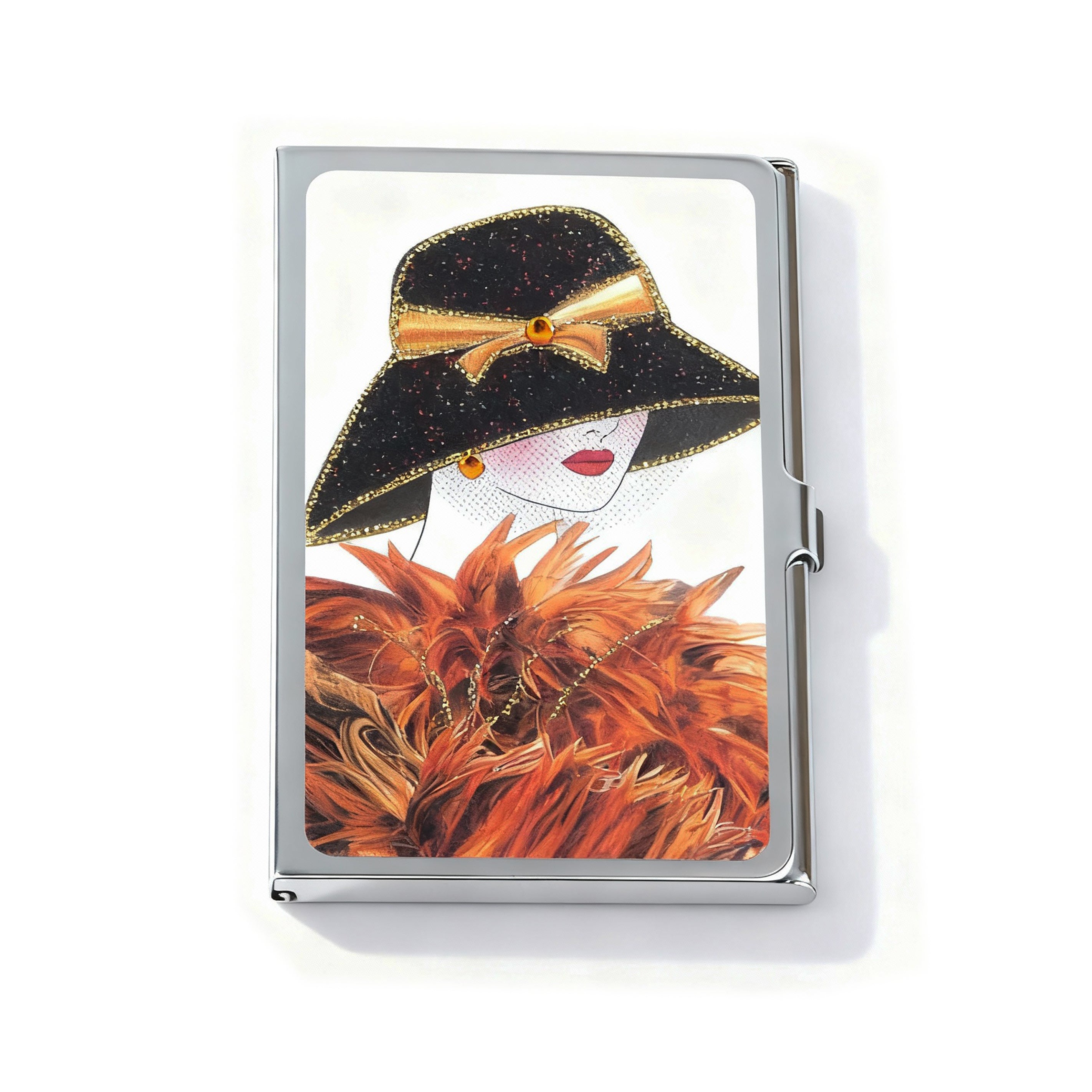 Personalized Expressions. Silver Card Holder with a Lady in Orange Illustration. Small Size