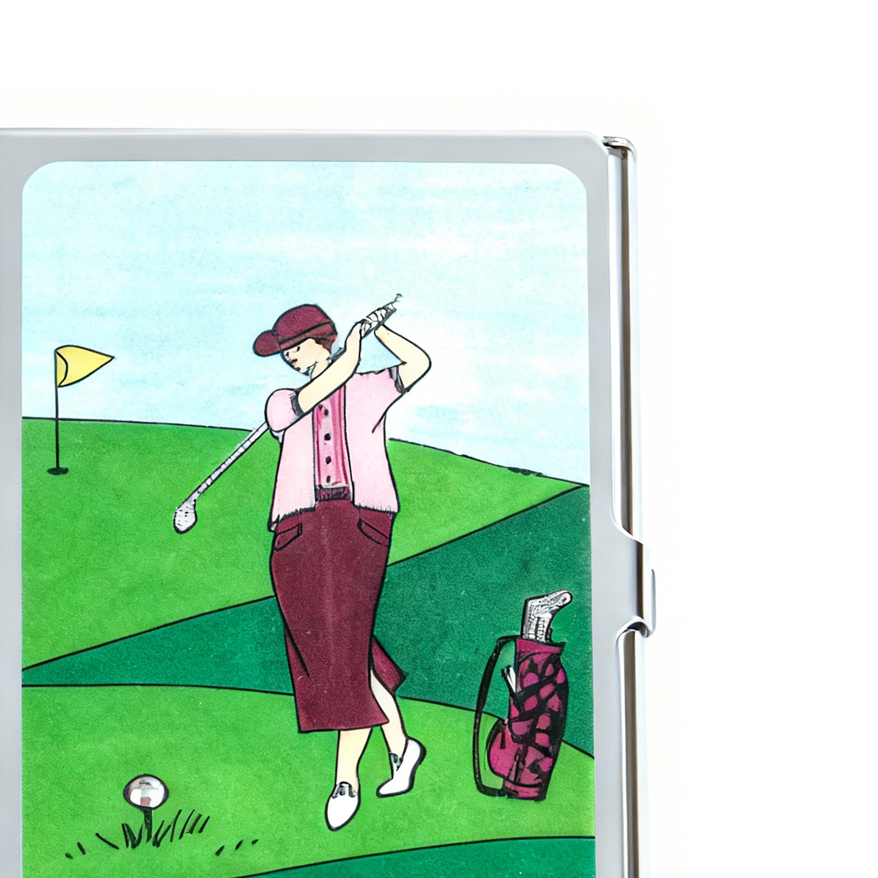 Personalized Expressions. Silver Card Holder with Golfing Lady Design. Small Size