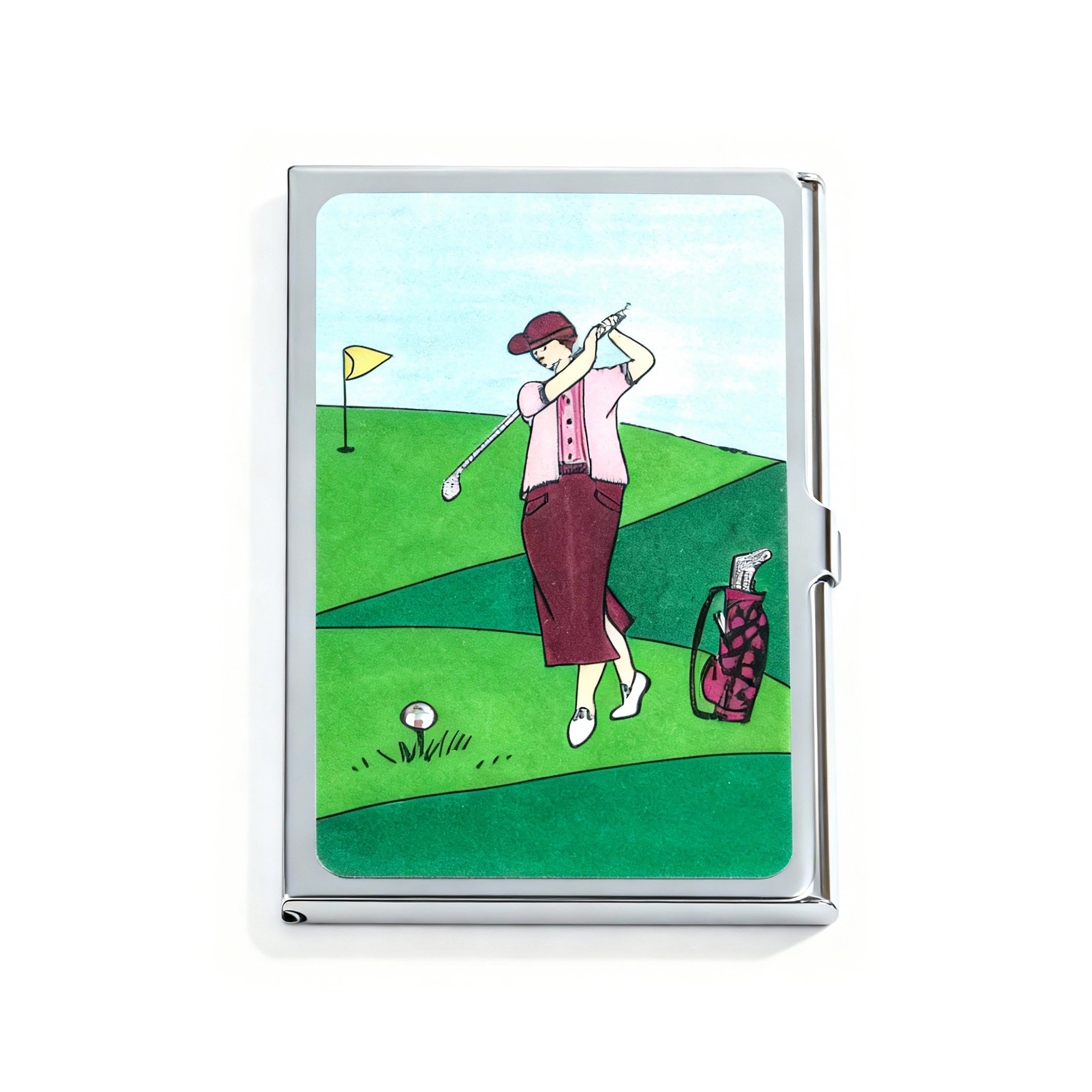 Personalized Expressions. Silver Card Holder with Golfing Lady Design. Small Size