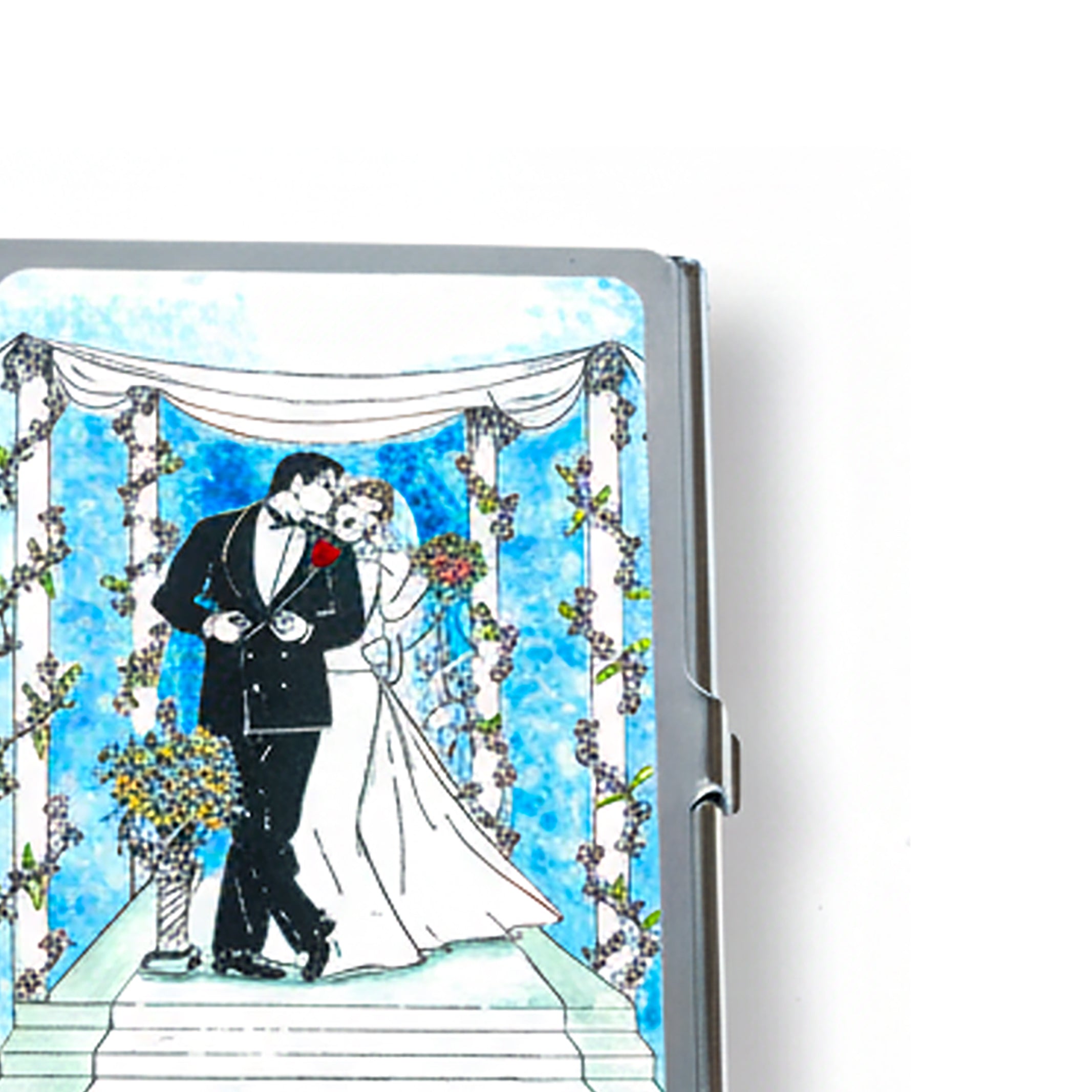 Personalized Expressions. Silver Card Holder with Groom & Bride Design. Small Size