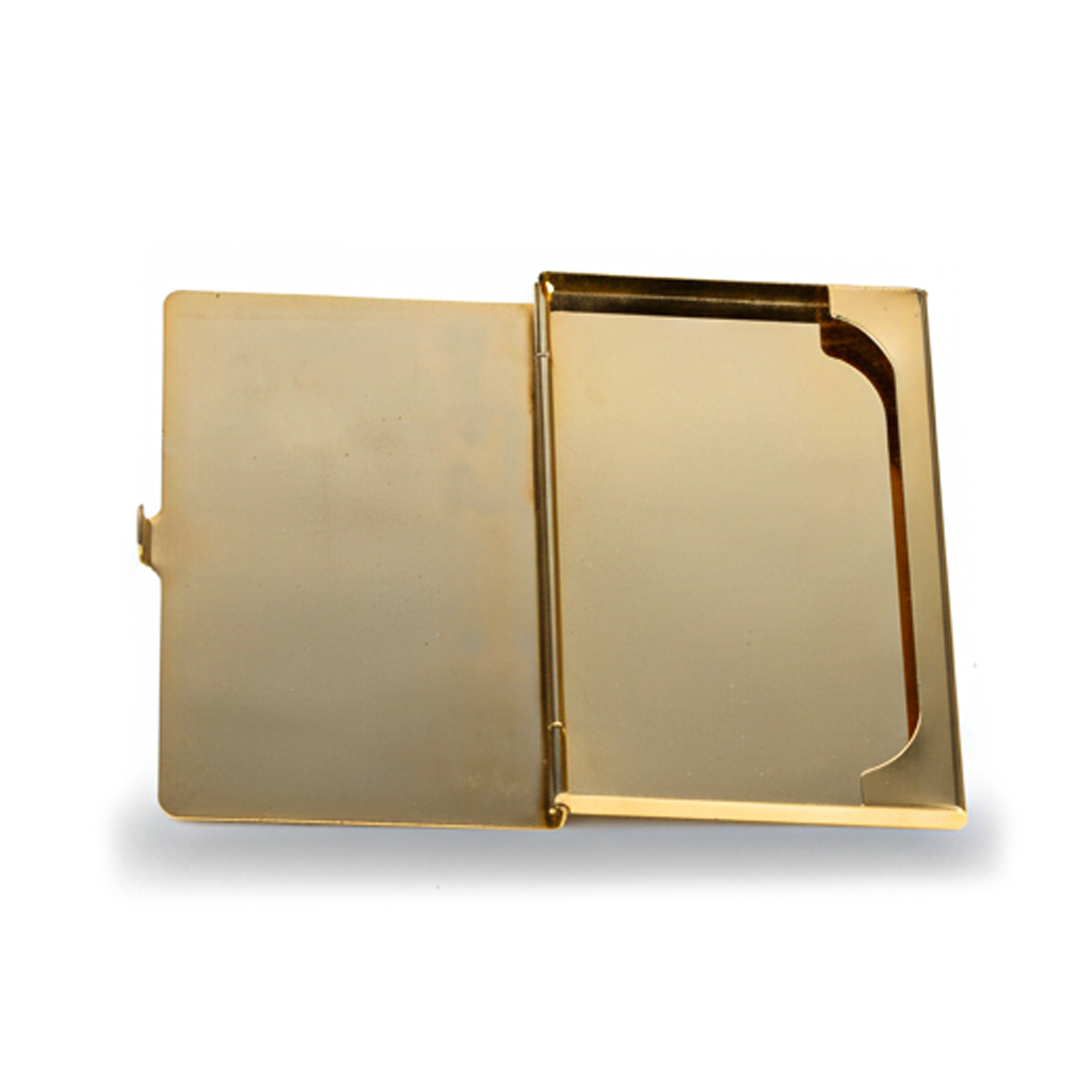 Personalized Expressions. Gold Card Holder with a Lady in Green Illustration. Small Size