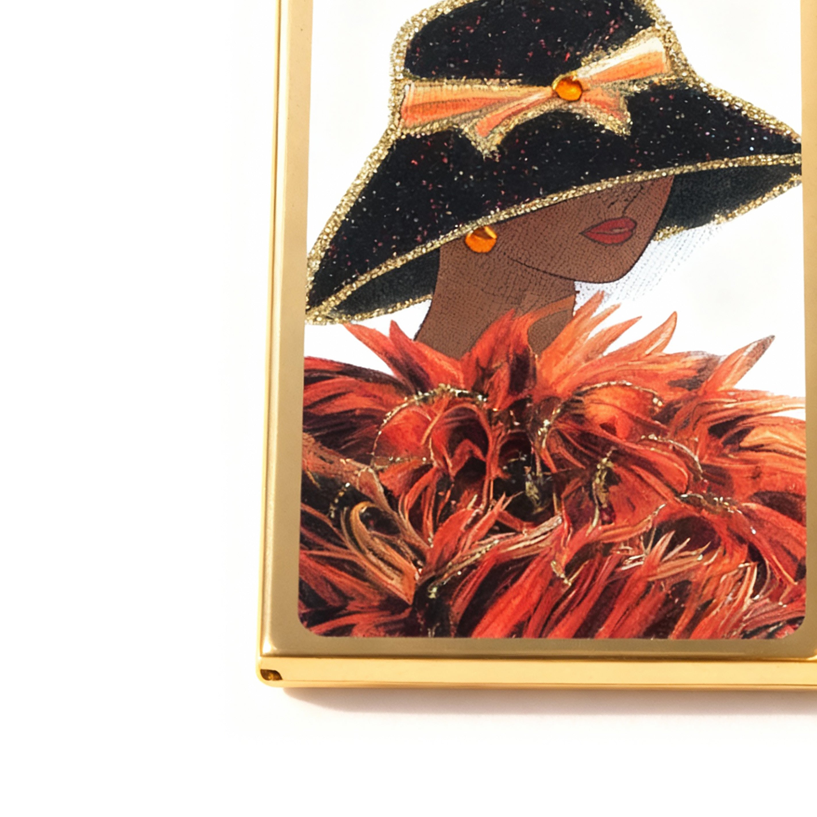 Personalized Expressions. Gold Card Holder with a Lady in Orange Illustration. Small Size