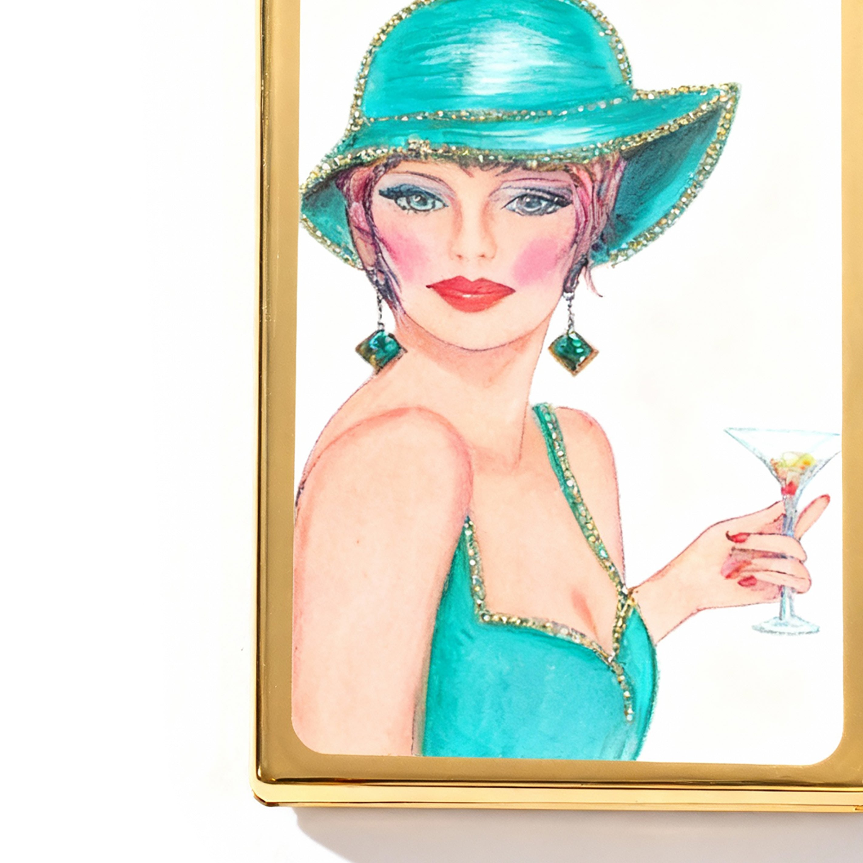 Personalized Expressions. Gold Card Holder with a Lady in Blue Illustration. Small Size