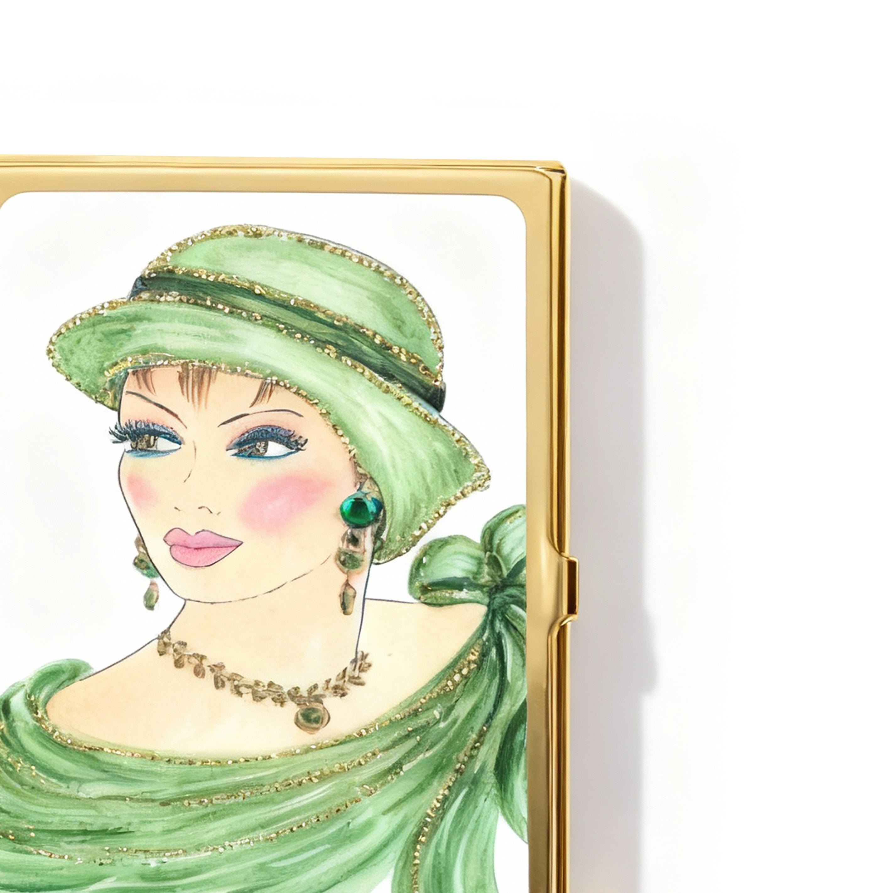 Personalized Expressions. Gold Card Holder with a Lady in Green Illustration. Small Size