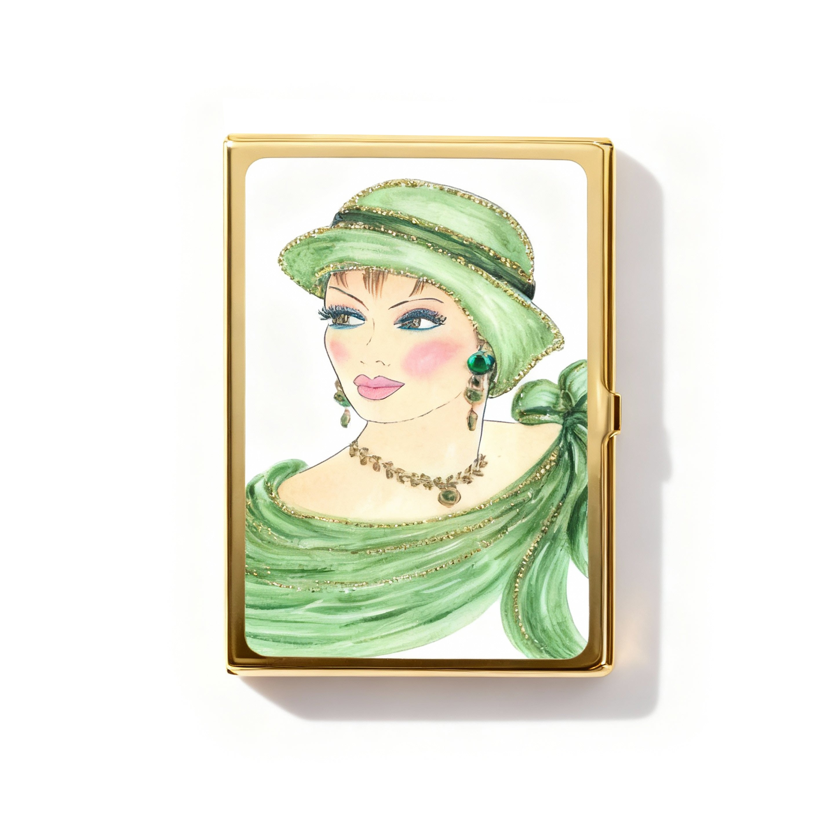 Personalized Expressions. Gold Card Holder with a Lady in Green Illustration. Small Size
