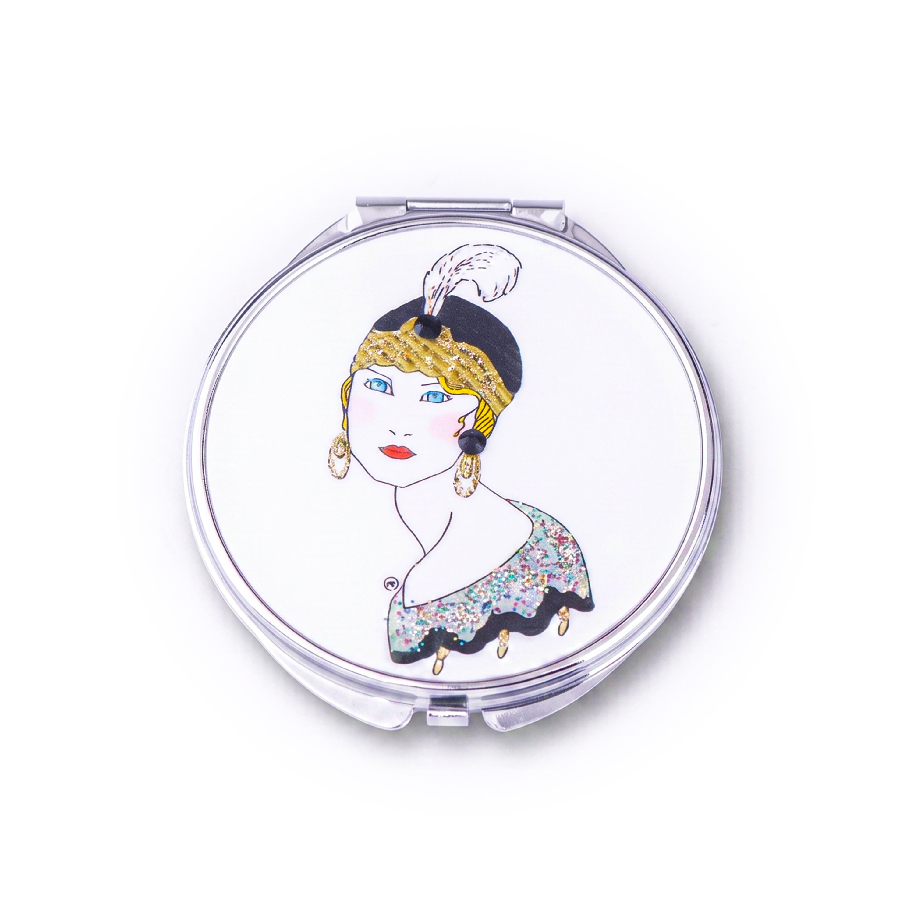 Spring Street Design. Round Pocket Mirror Featuring A Classy lady. Small Size
