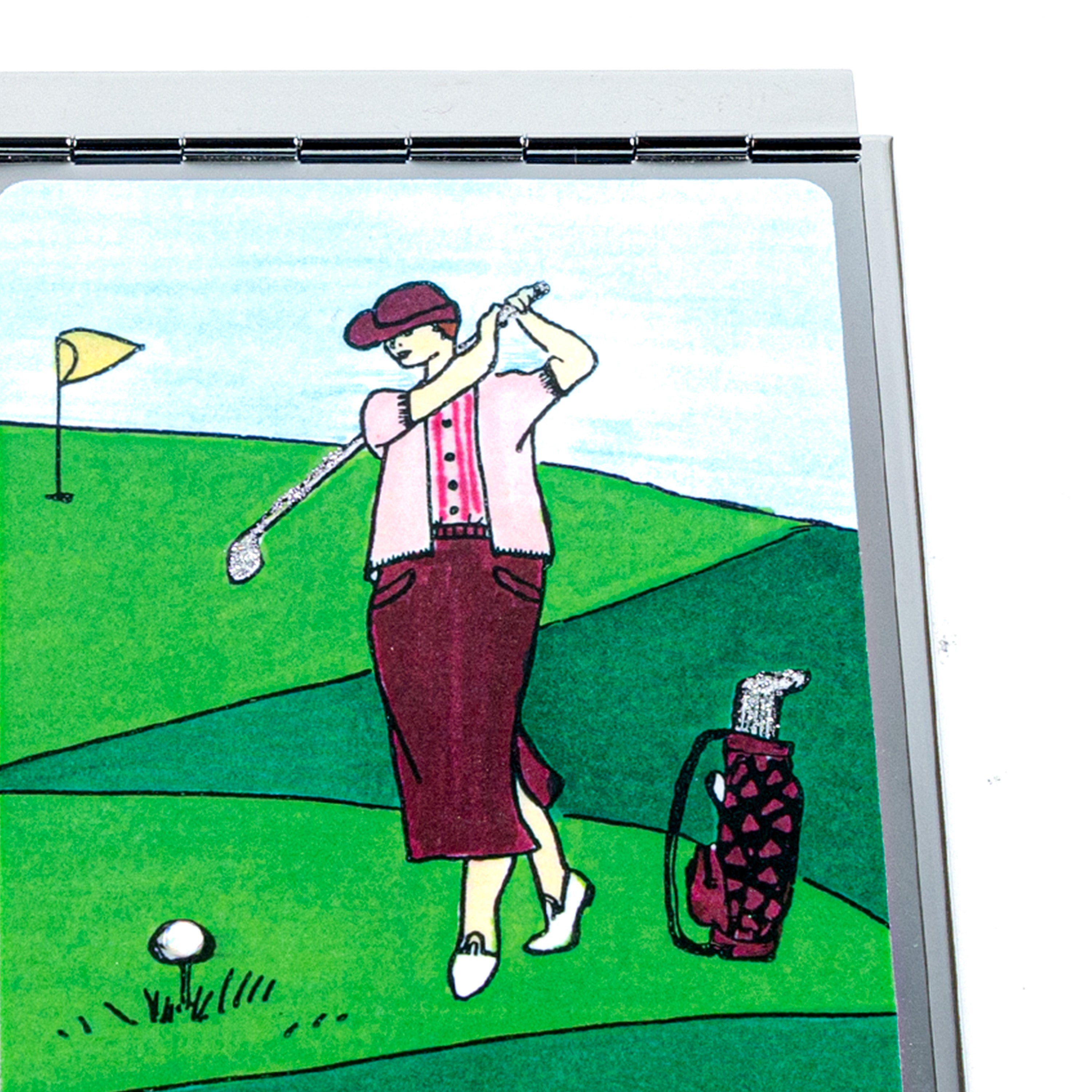 Personalized Expressions. Silver Memo Pad with Golfing Lady Illustration. Small Size