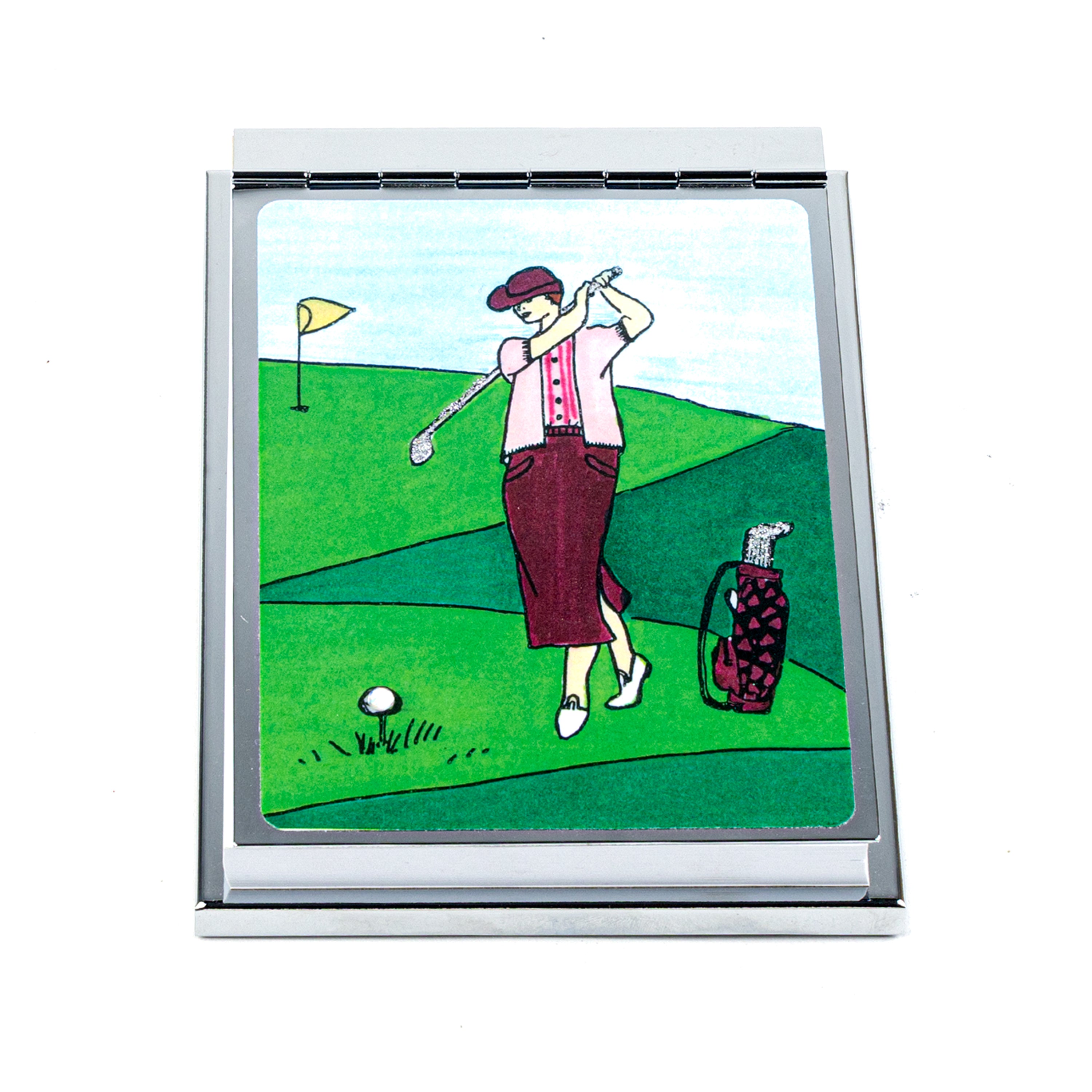 Personalized Expressions. Silver Memo Pad with Golfing Lady Illustration. Small Size