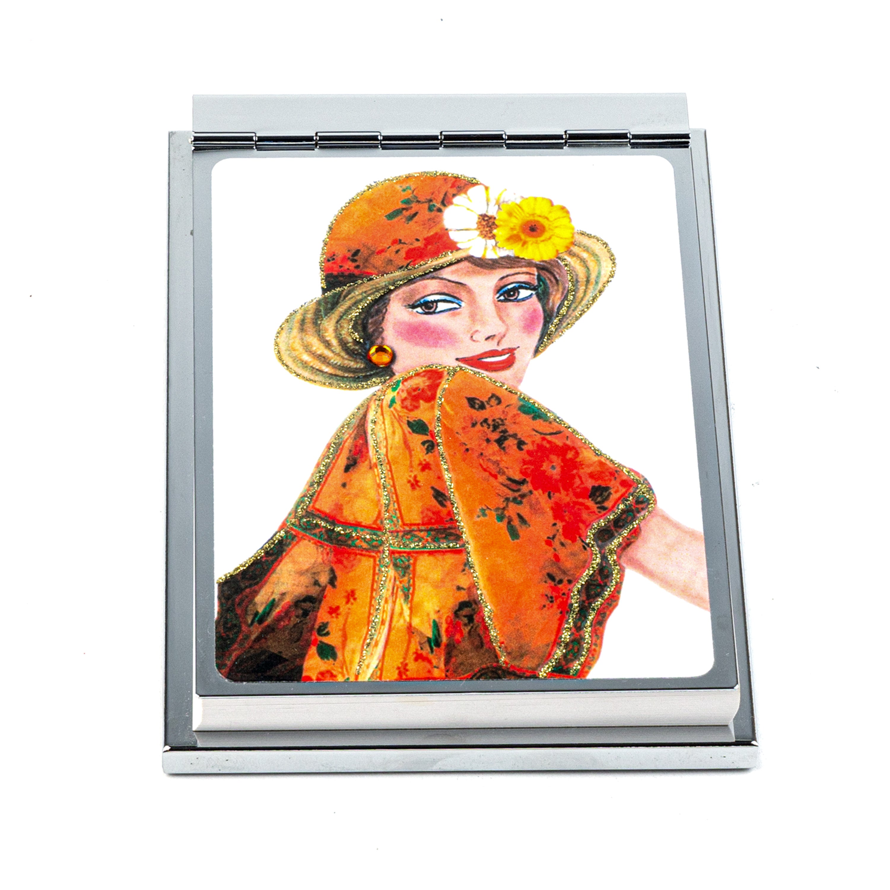 Personalized Expressions. Silver Memo Pad with a Lady in Floral Dress Illustration. Small Size