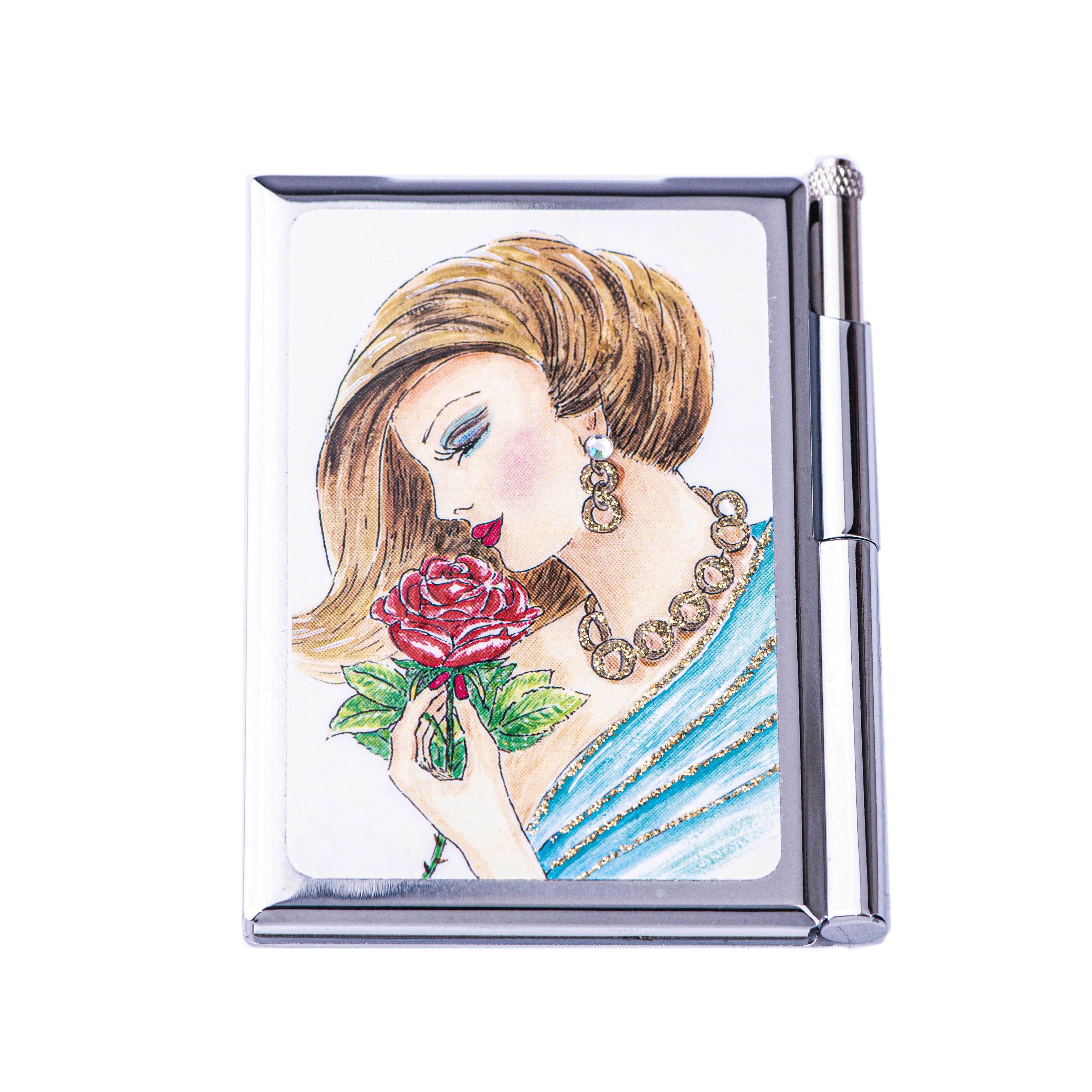 Personalized Expressions. Memo Pad with a Pen in a Lady with a Rose Design