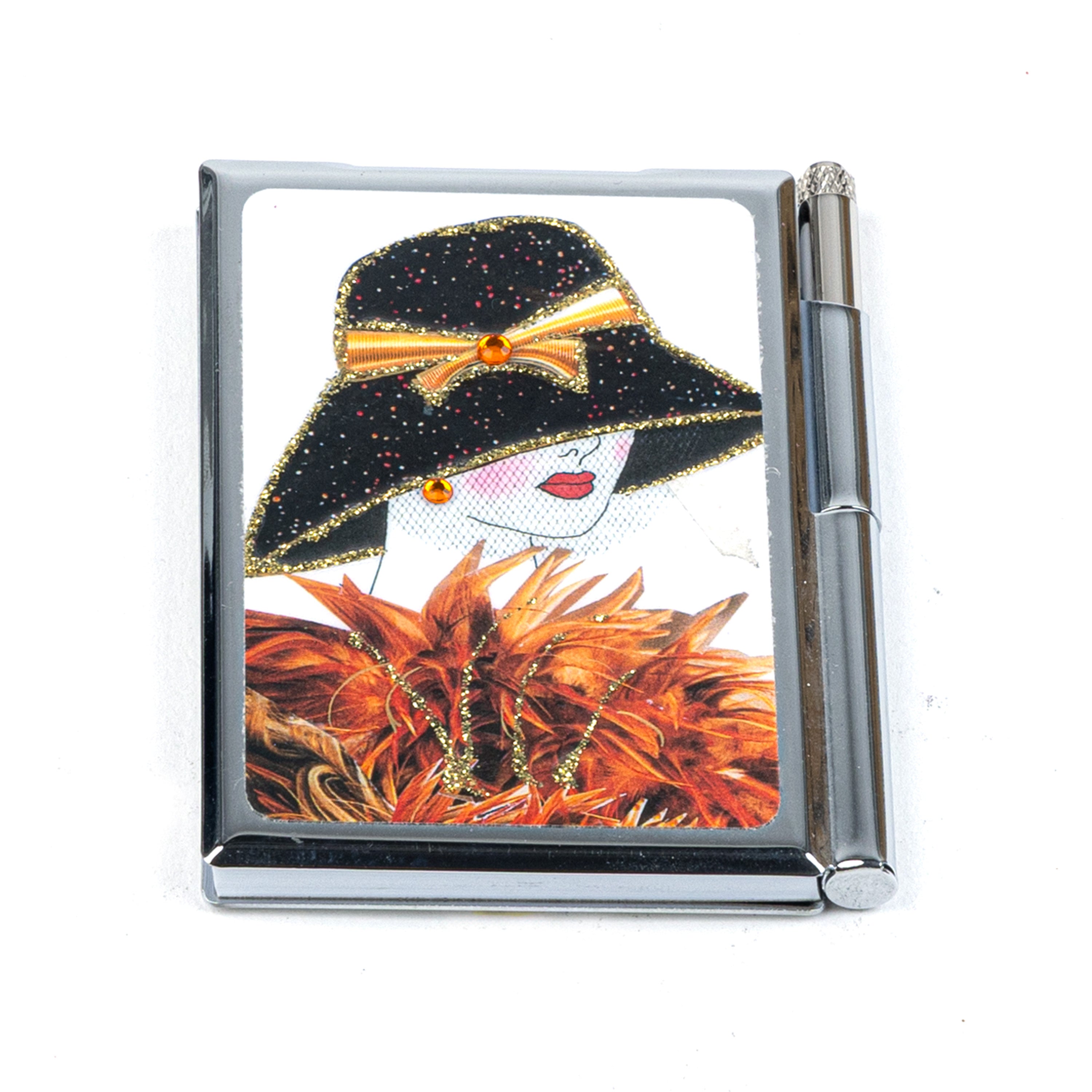 Personalized Expressions. Silver Memo Pad with a Lady in Orange Illustration. Small Size