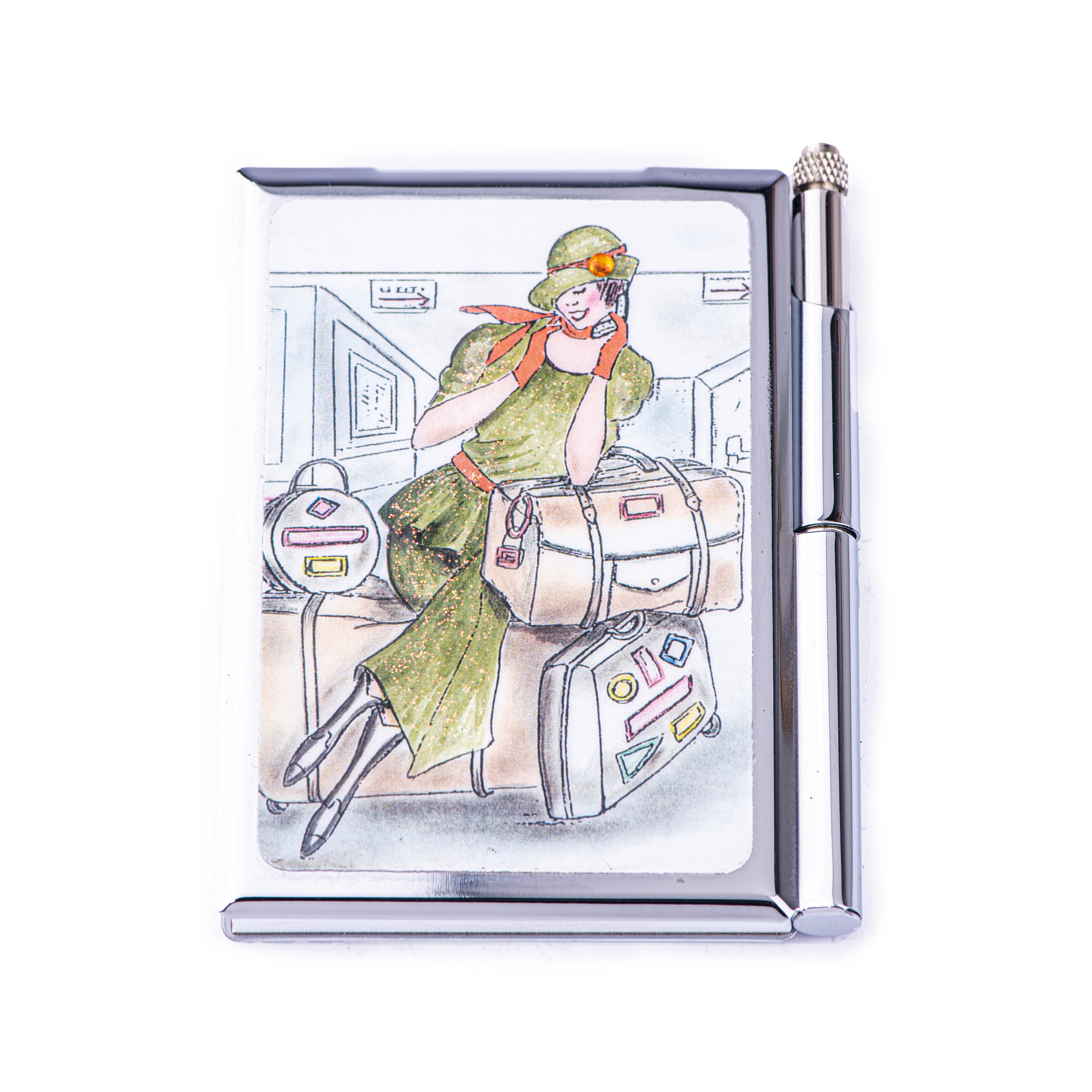 Personalized Expressions. Silver Plated Memo Pad with a Pen Featuring a Traveling Lady