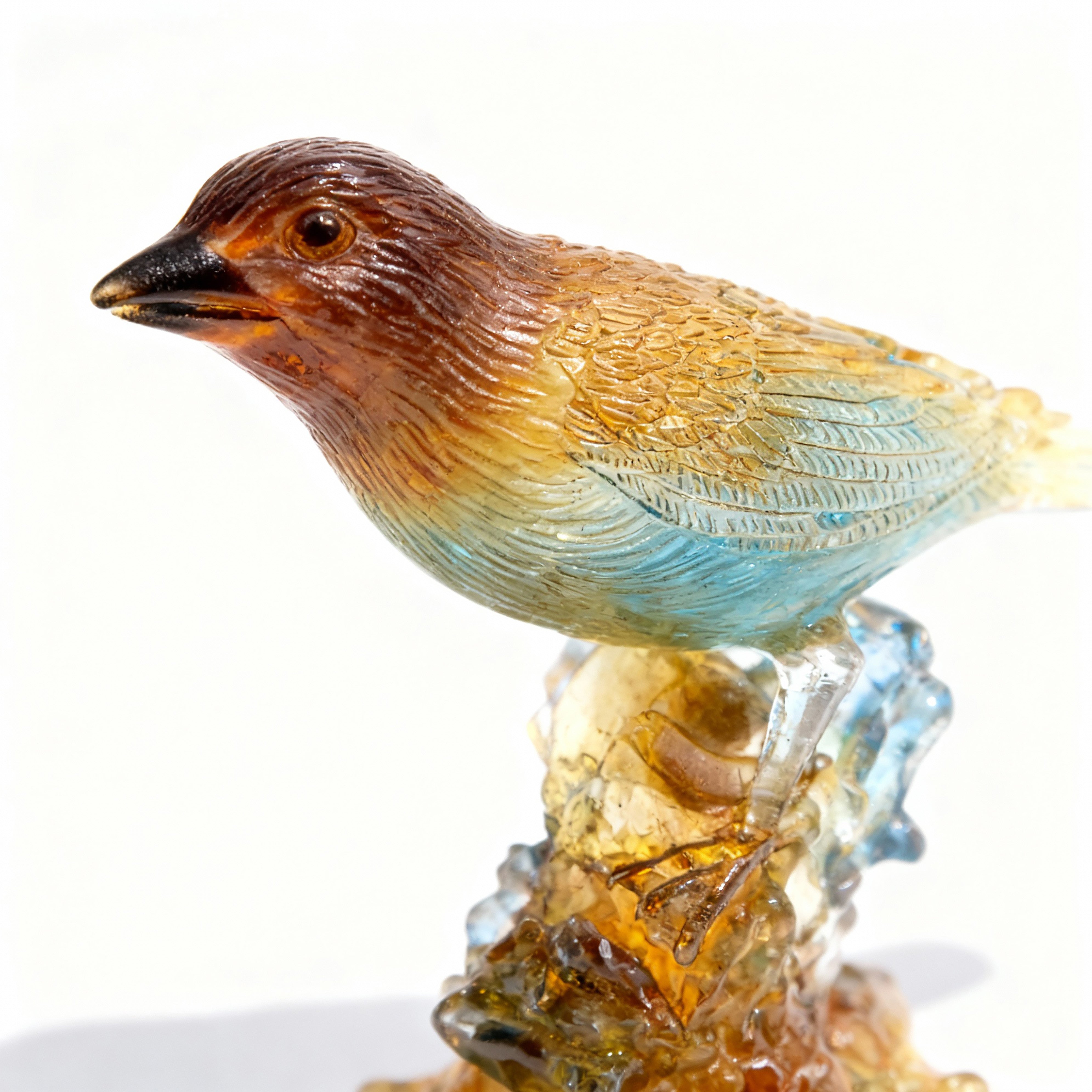 Roost. Pate De Verre  Sculpture of A Solo Bird Standing on Rocks