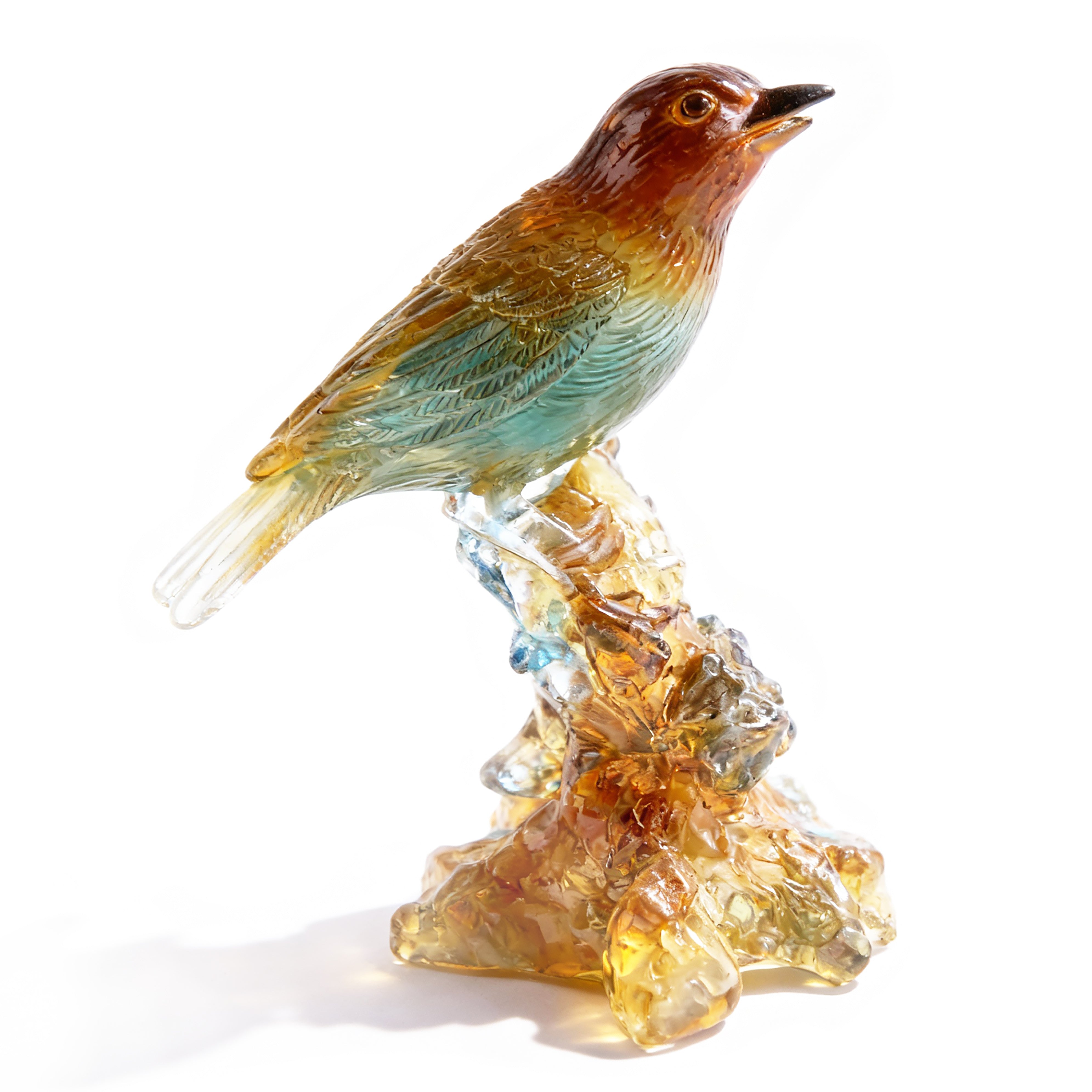 Roost. Pate De Verre  Sculpture of A Solo Bird Standing on Rocks