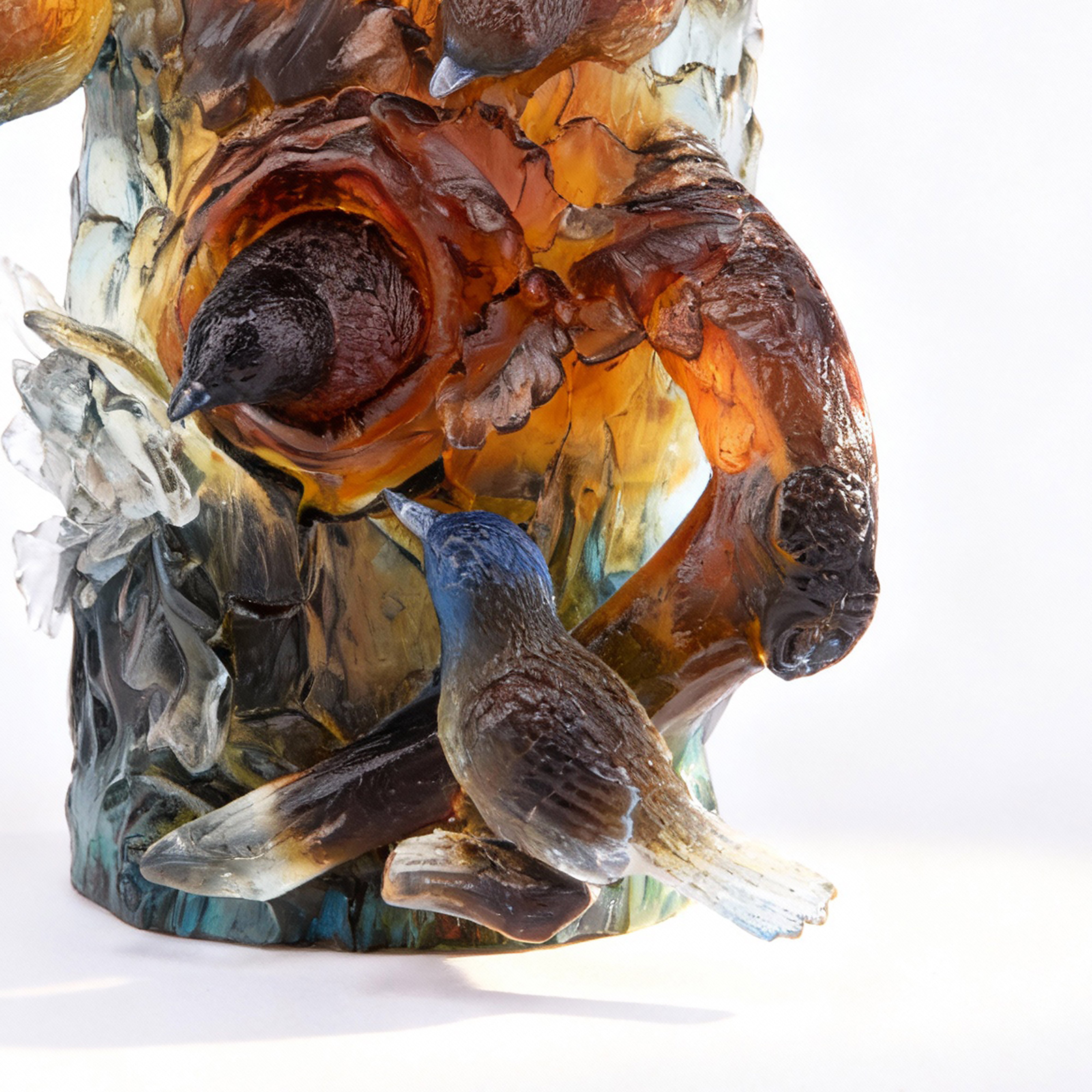 Roost. Pate De Verre Birds on a Wood Log Sculpture