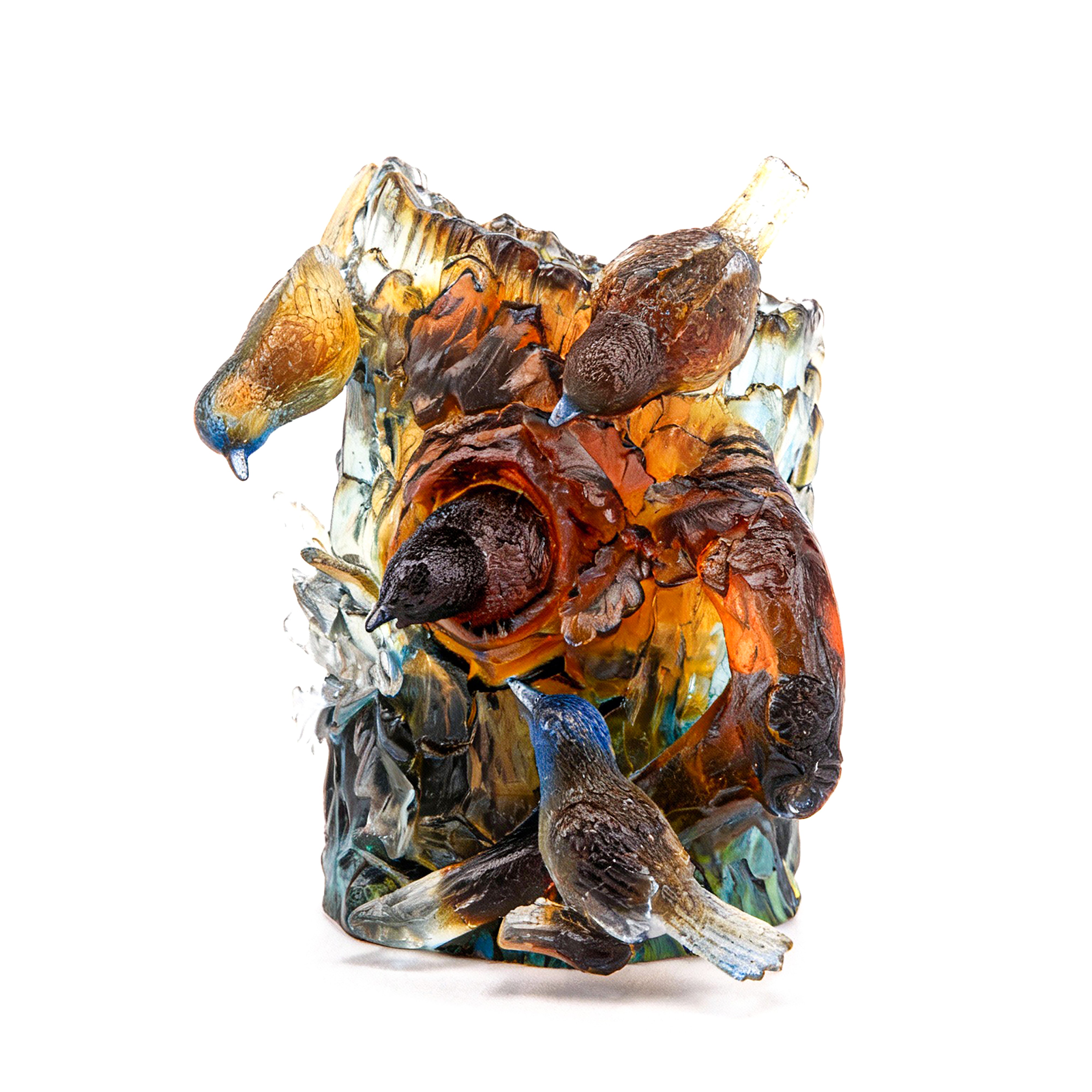 Roost. Pate De Verre Birds on a Wood Log Sculpture