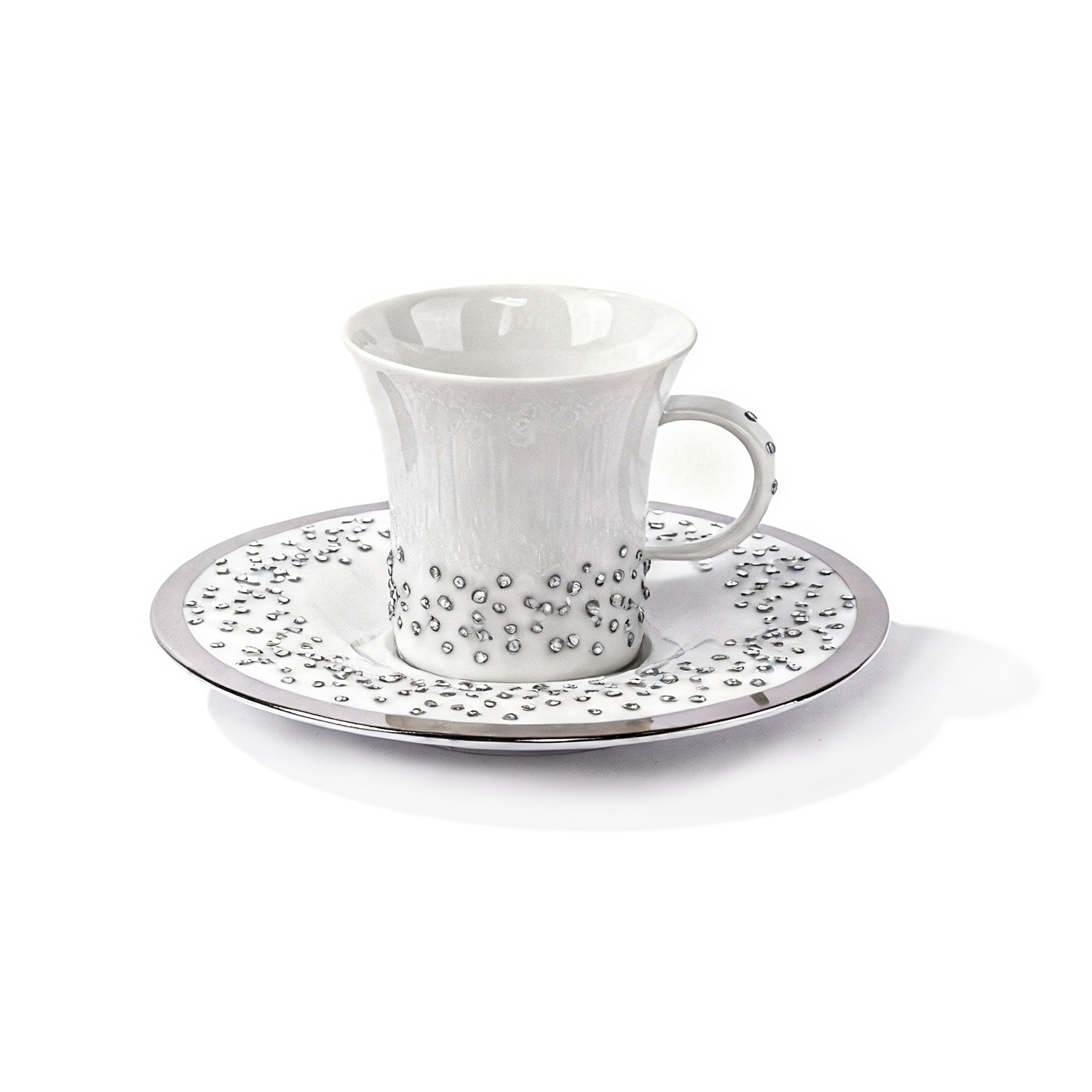 Manufacture De Monaco. White Coffee Cup & Saucer Studded with Swarovski. Small Size