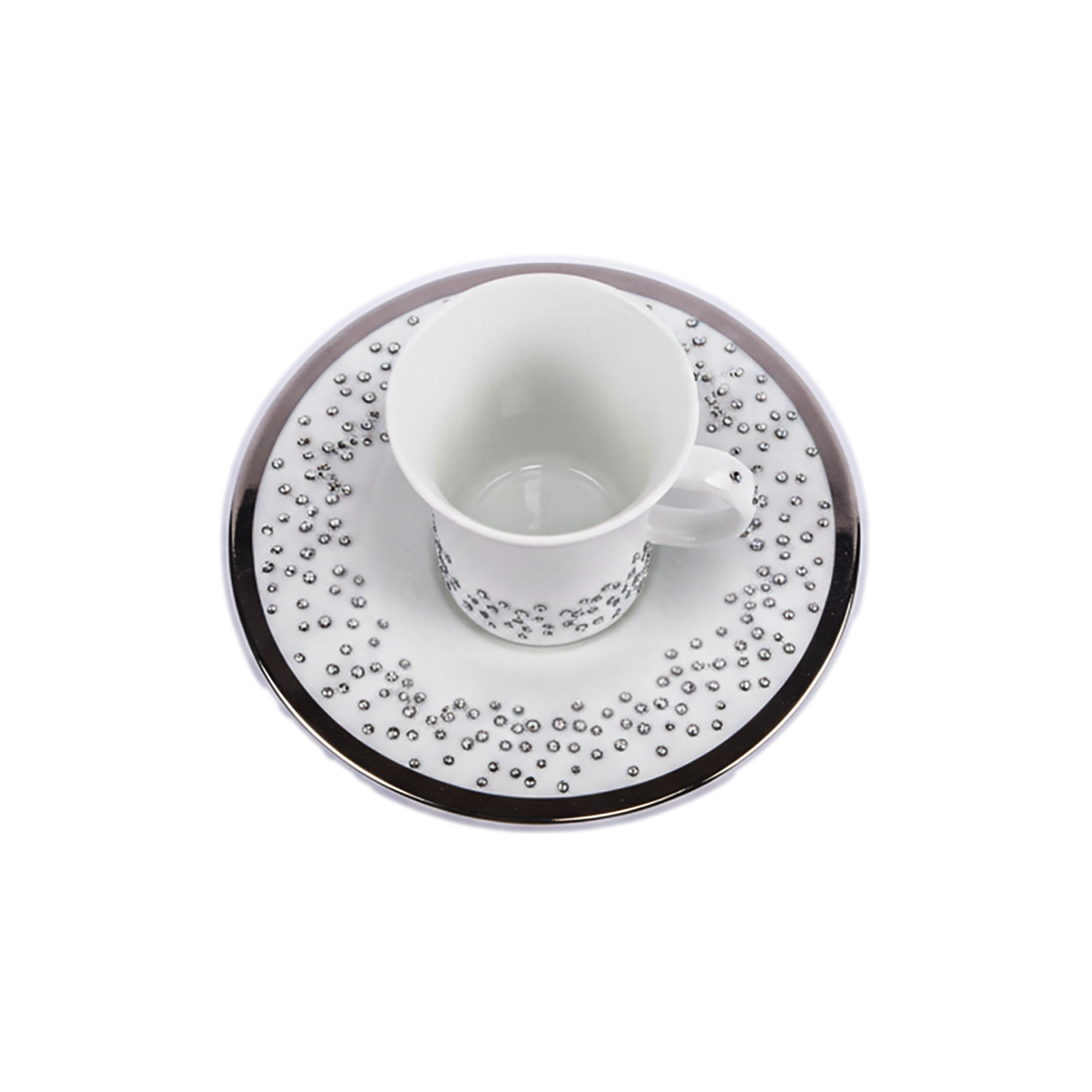 Manufacture De Monaco. White Coffee Cup & Saucer Studded with Swarovski. Small Size