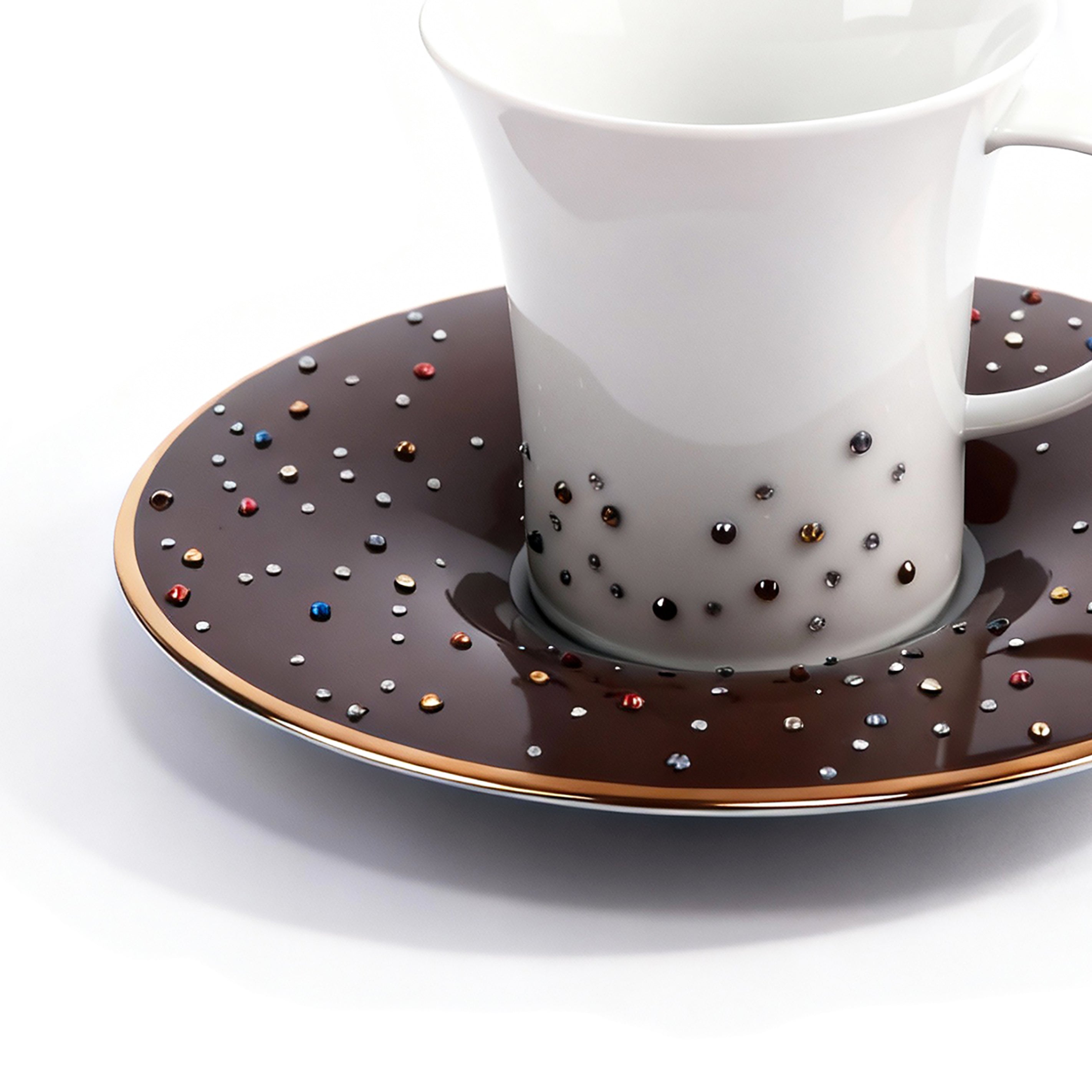 Manufacture De Monaco. Set of 4 Medium White Coffee Cups & Brown Saucers Studded with Swarovski