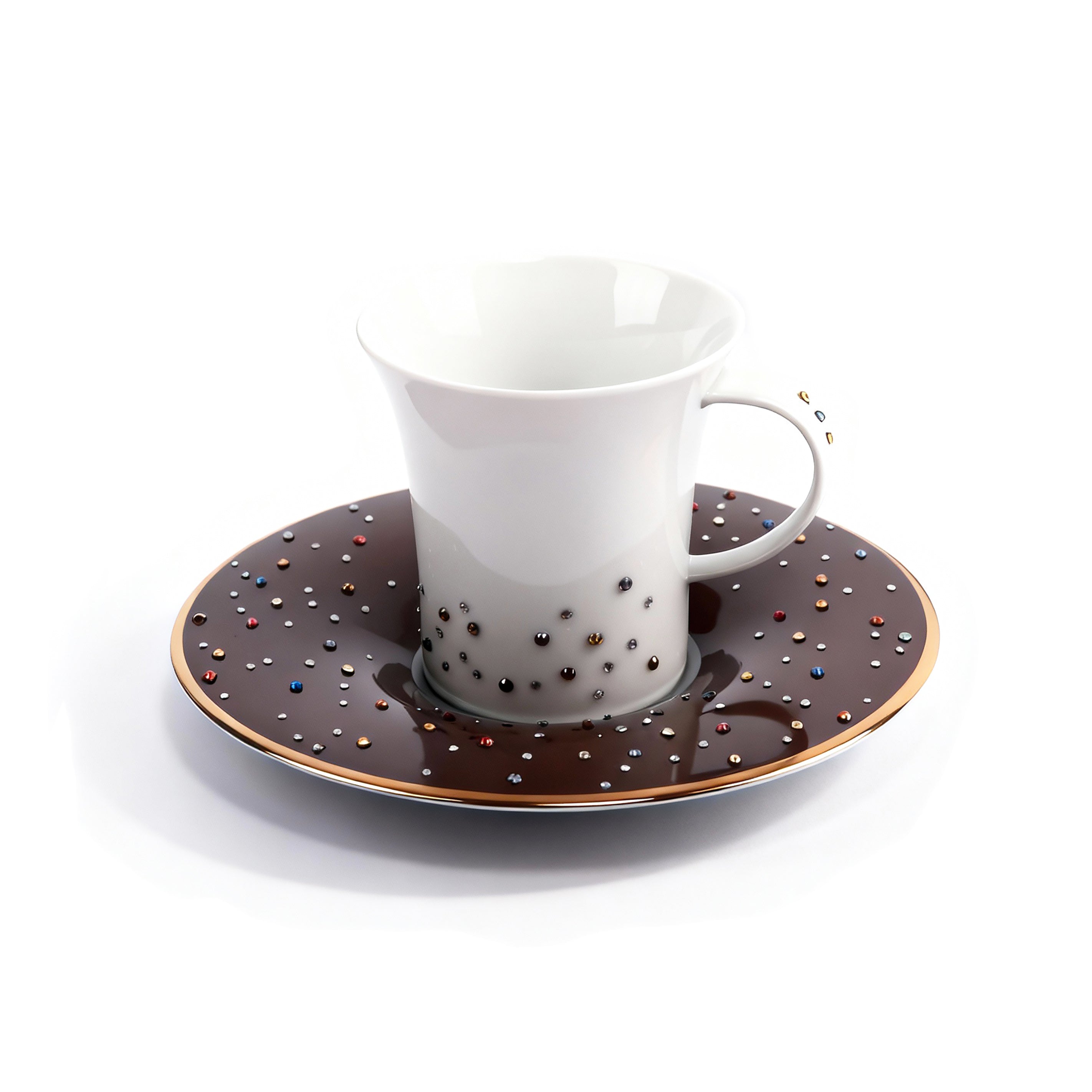 Manufacture De Monaco. Set of 4 Medium White Coffee Cups & Brown Saucers Studded with Swarovski