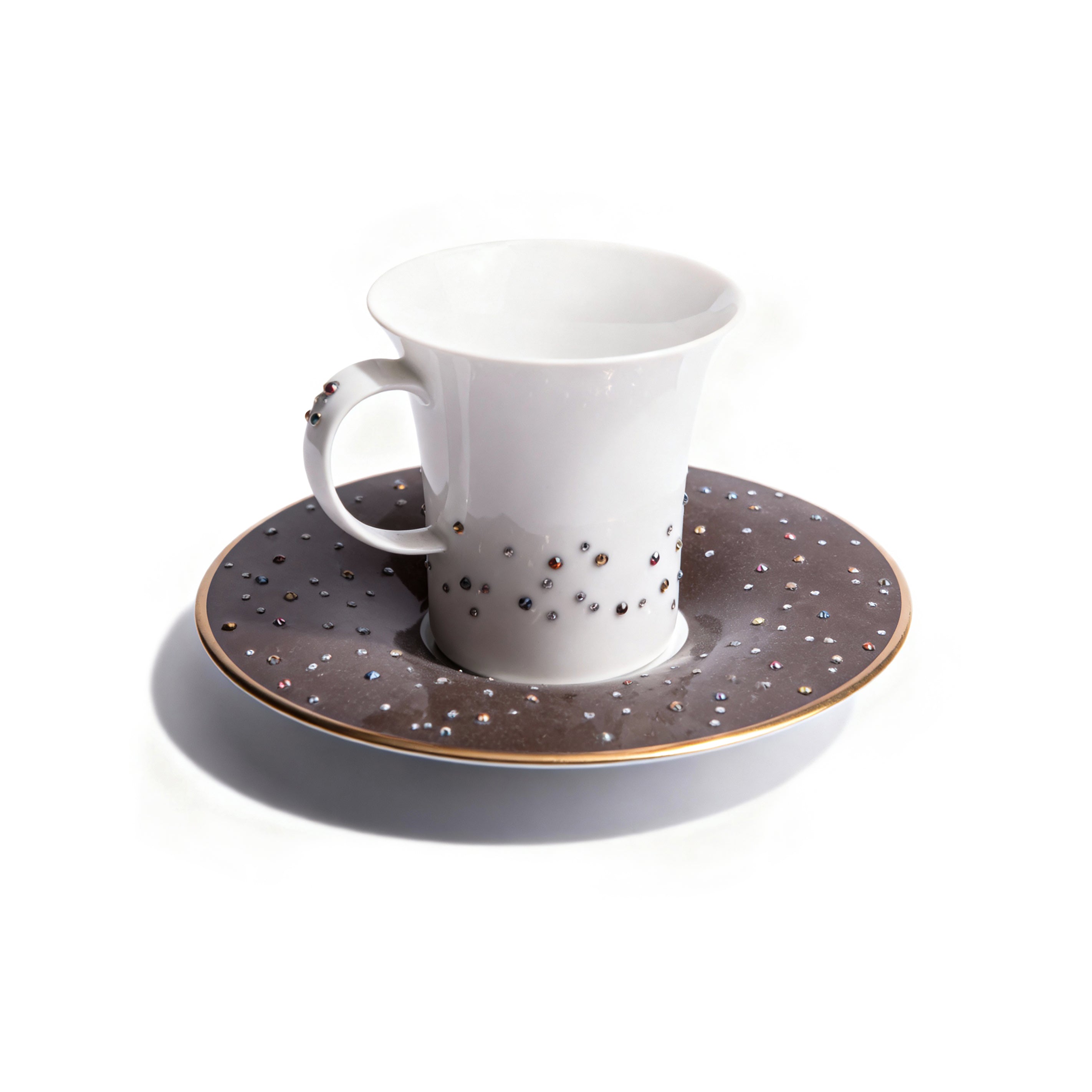 Manufacture De Monaco. Set of 4 Small Espresso Cups & Saucers Studded with Swarovski.