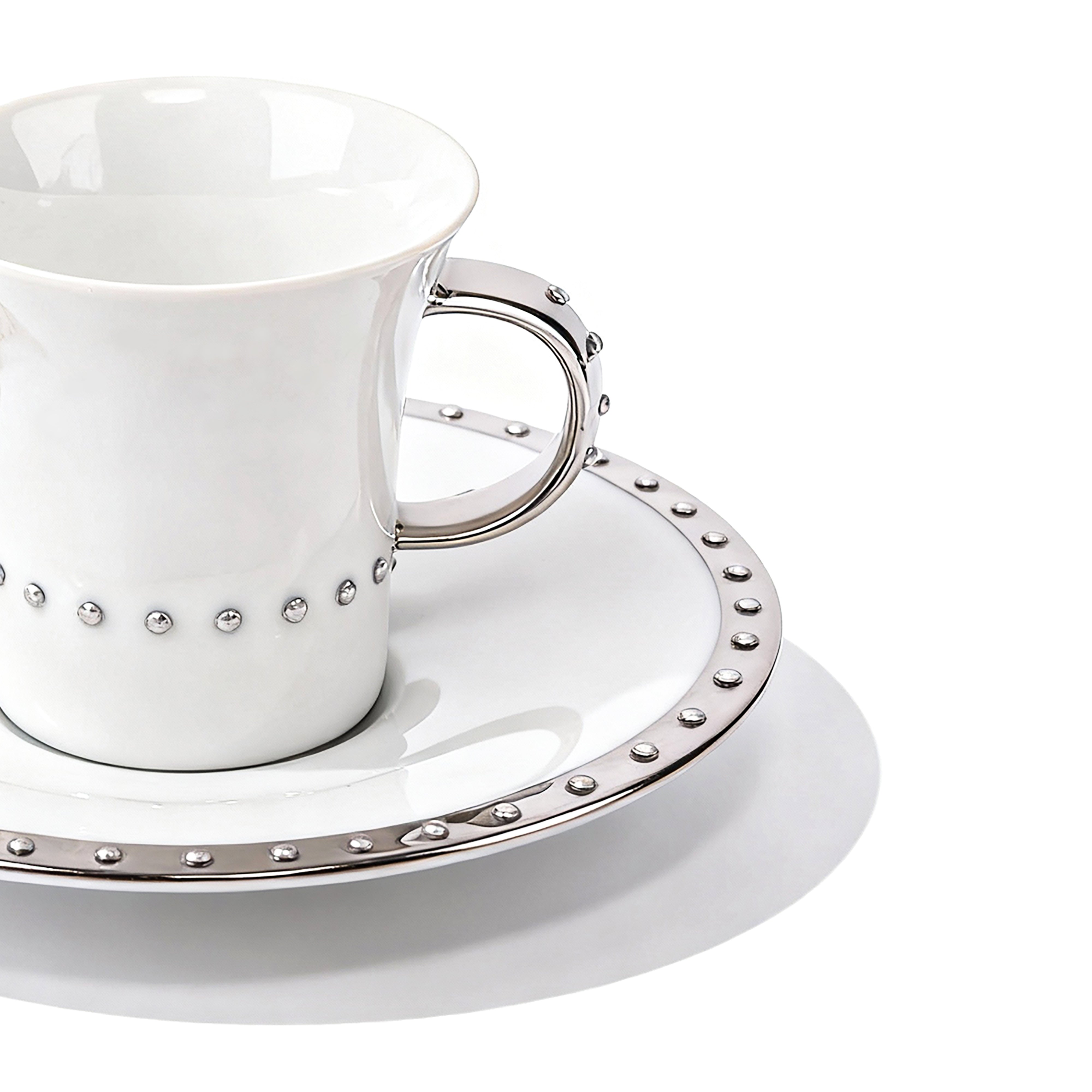 Manufacture De Monaco. Set of 4 White Coffee Cups & Saucers Studded with Swarovski.