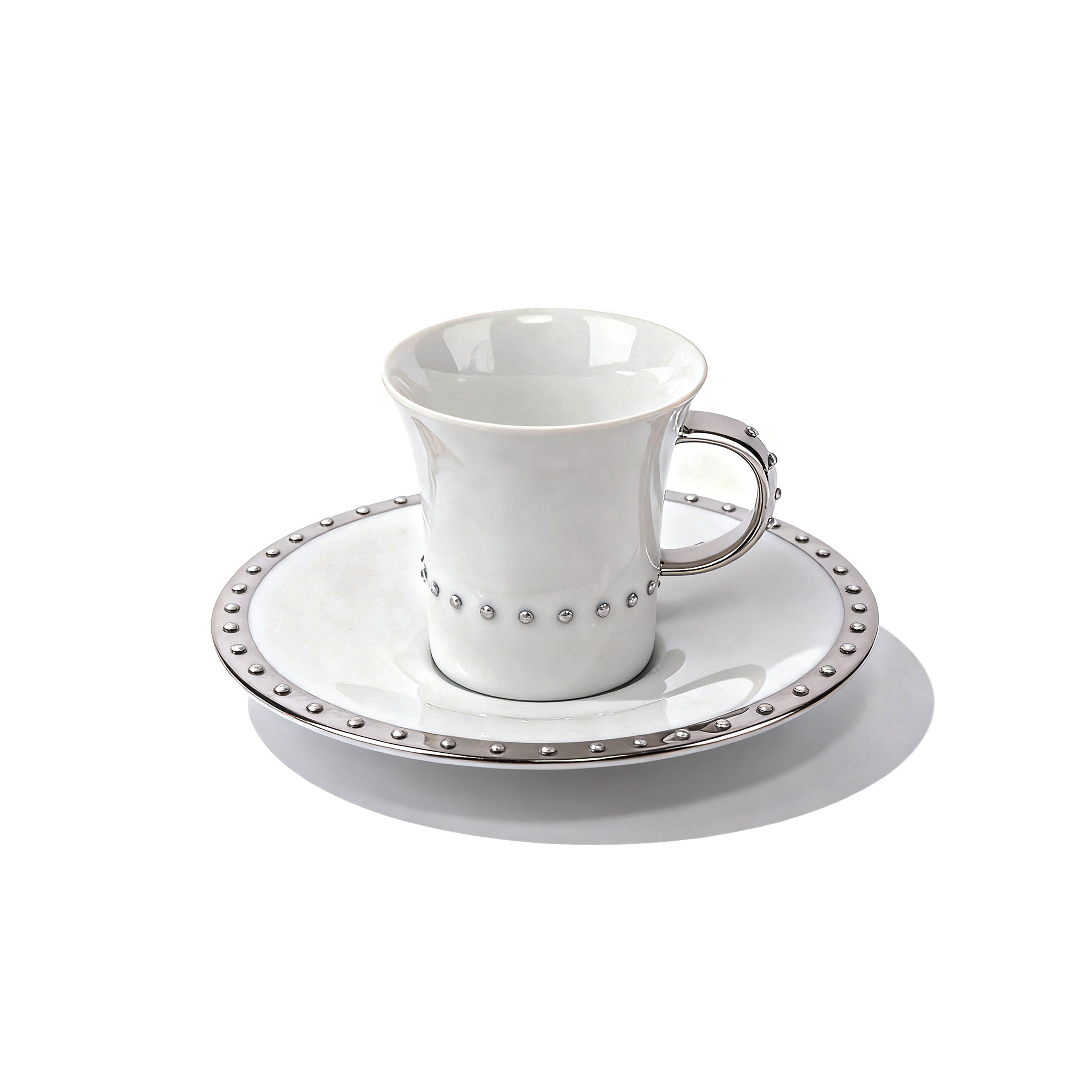 Manufacture De Monaco. Set of 4 White Coffee Cups & Saucers Studded with Swarovski.