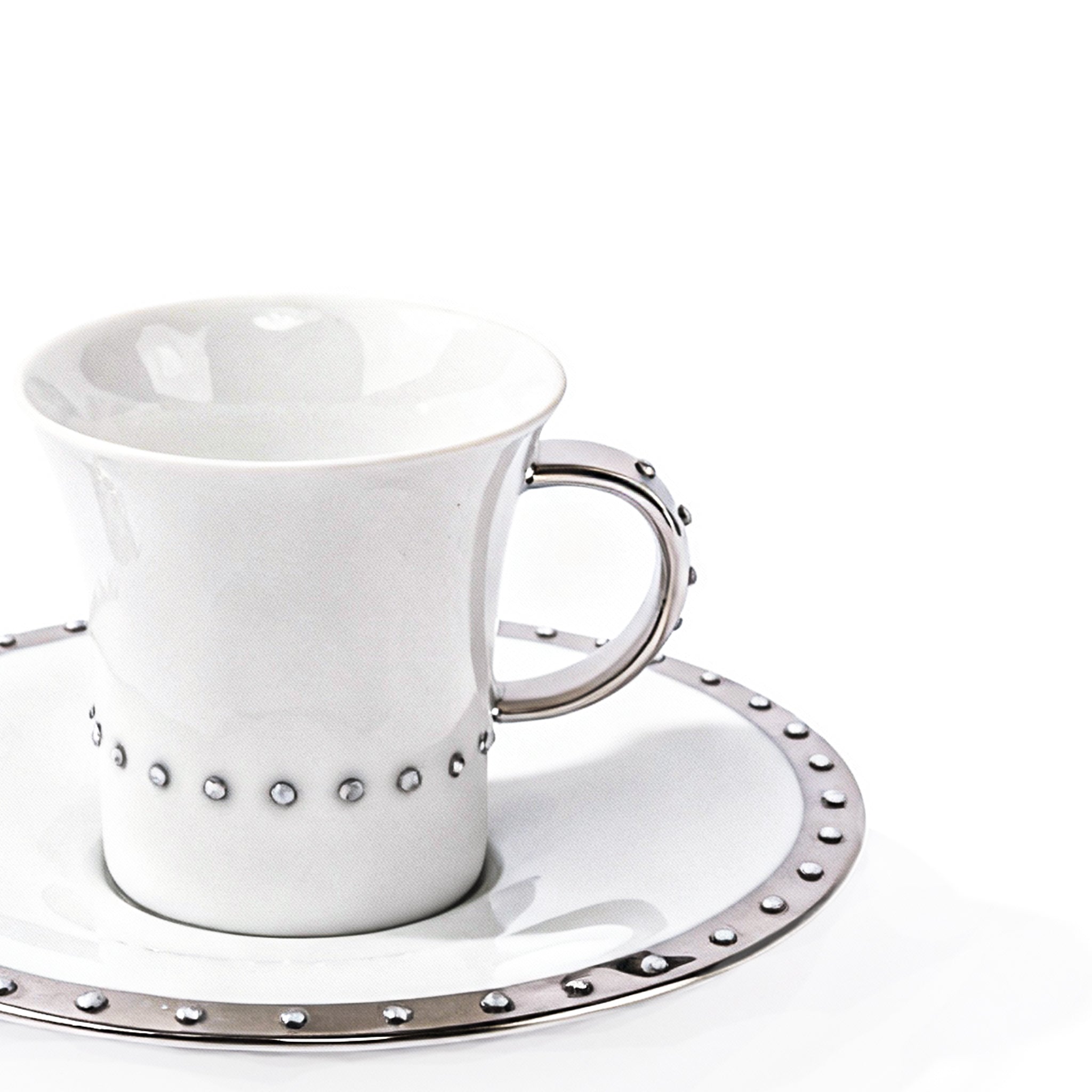 Manufacture De Monaco. Set of 4 White Coffee Cups & Saucers Studded with Swarovski.