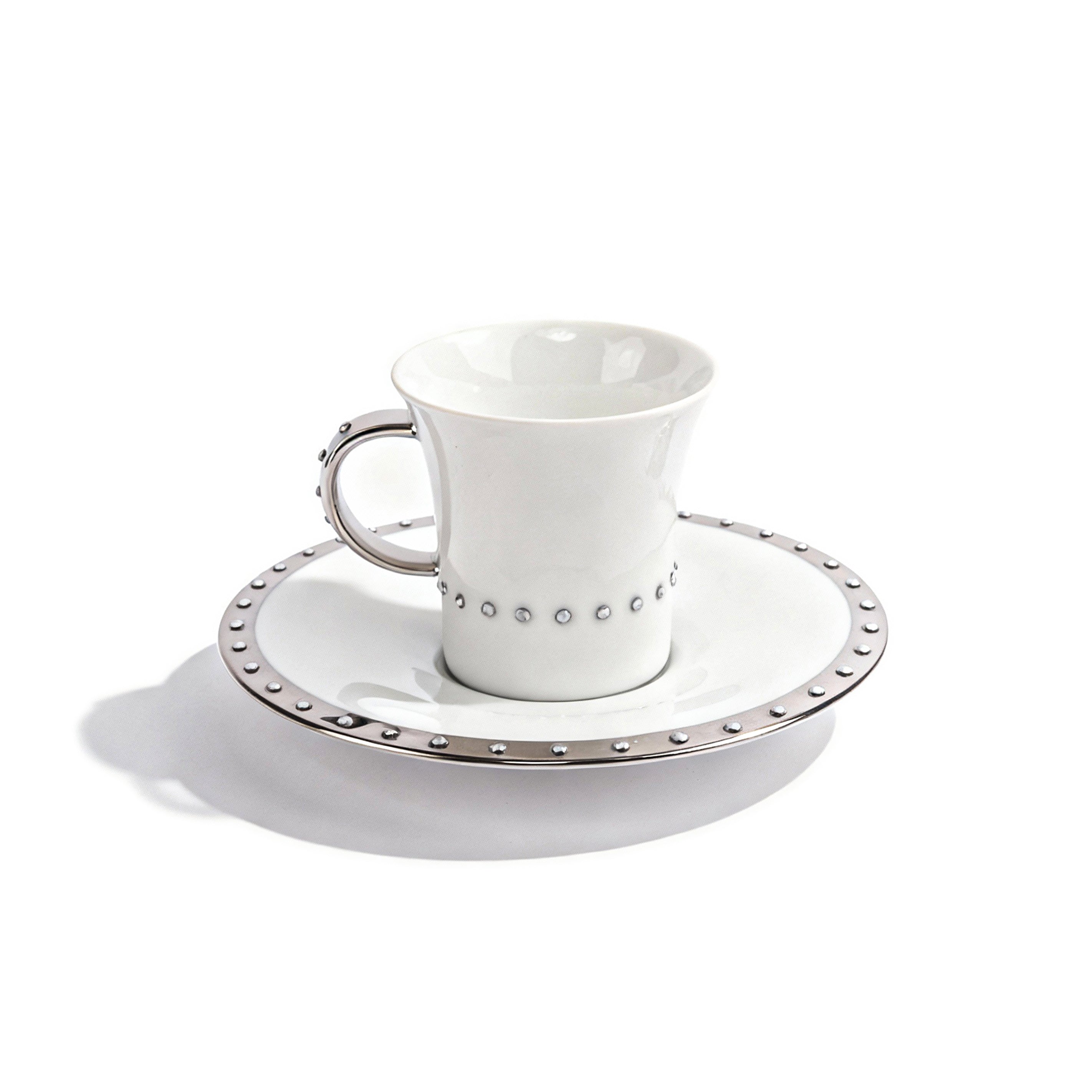 Manufacture De Monaco. Set of 4 White Coffee Cups & Saucers Studded with Swarovski.