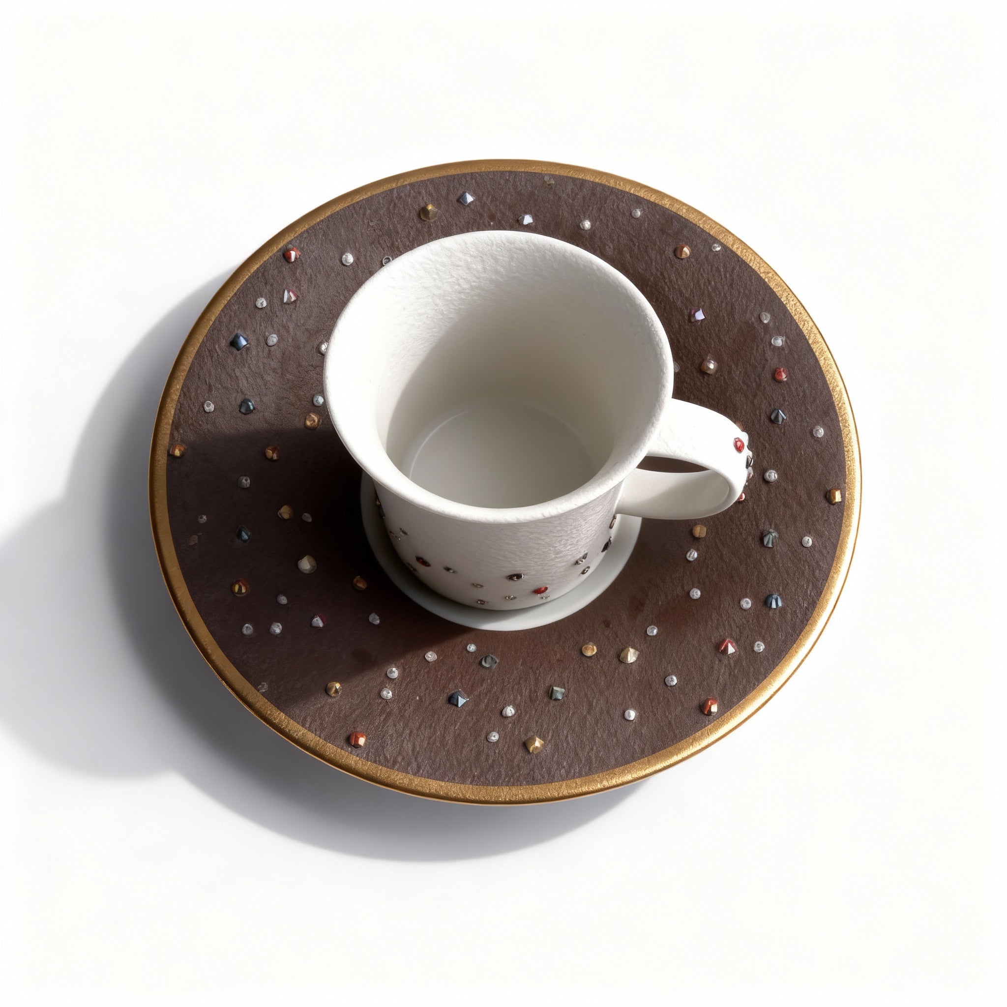 Manufacture De Monaco. Set of 3 Medium Espresso Cups & Brown Saucers Studded with Swarovski. Small Size