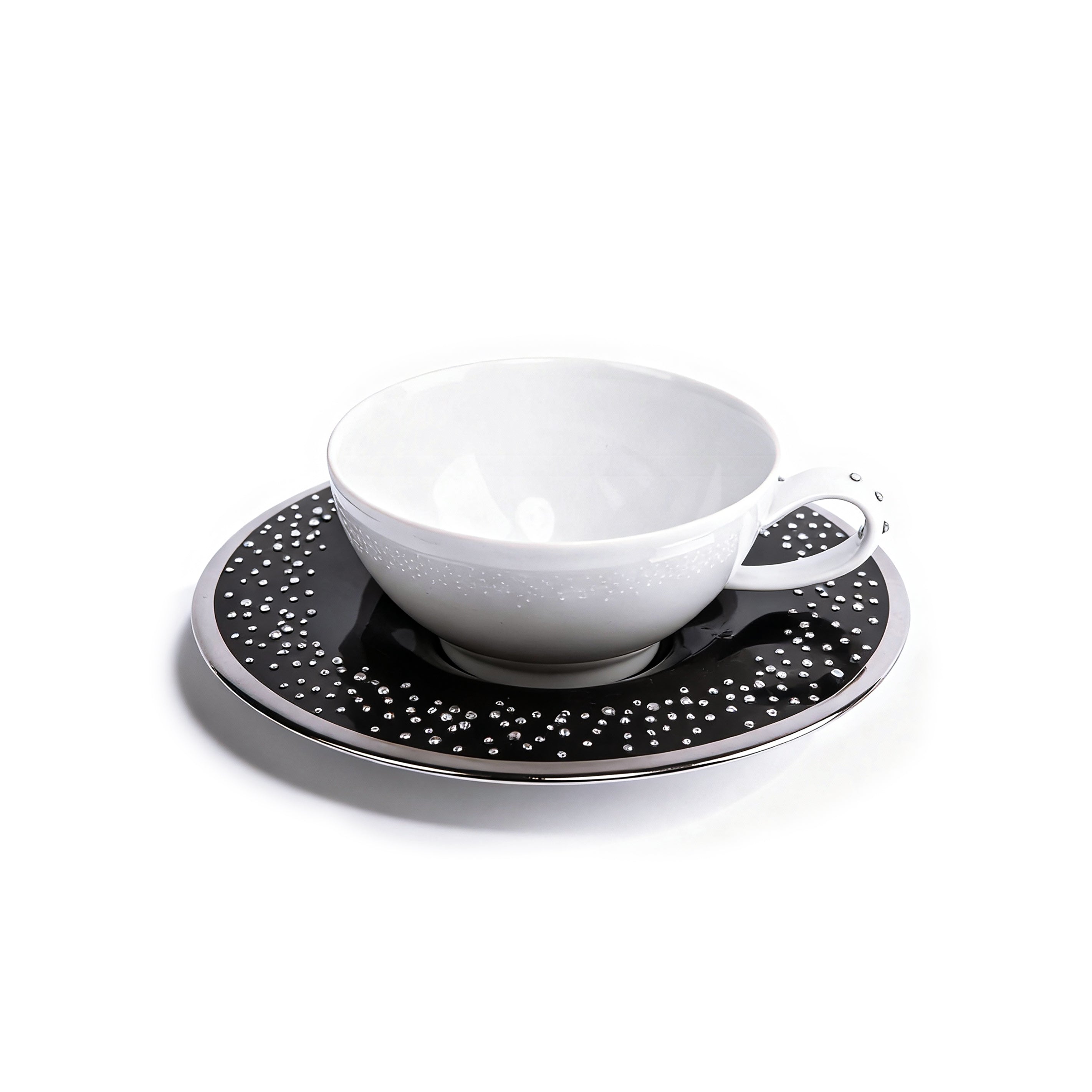 Manufacture De Monaco. White Tea Cup & Black Saucer Studded with Swarovski. Small Size