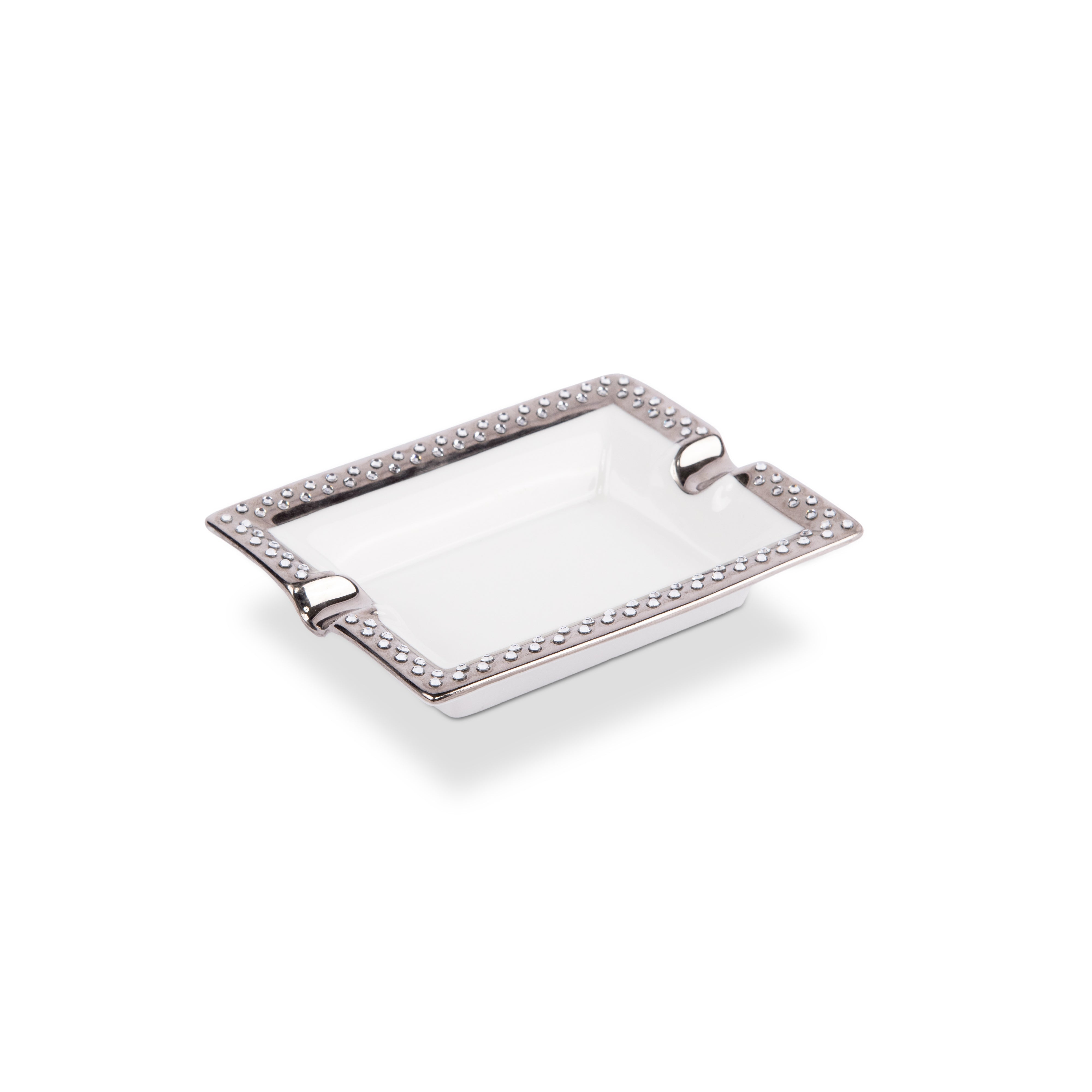 Manufacture De Monaco. Silver Porcelain Ashtray Studded with Swarovski. Small Size