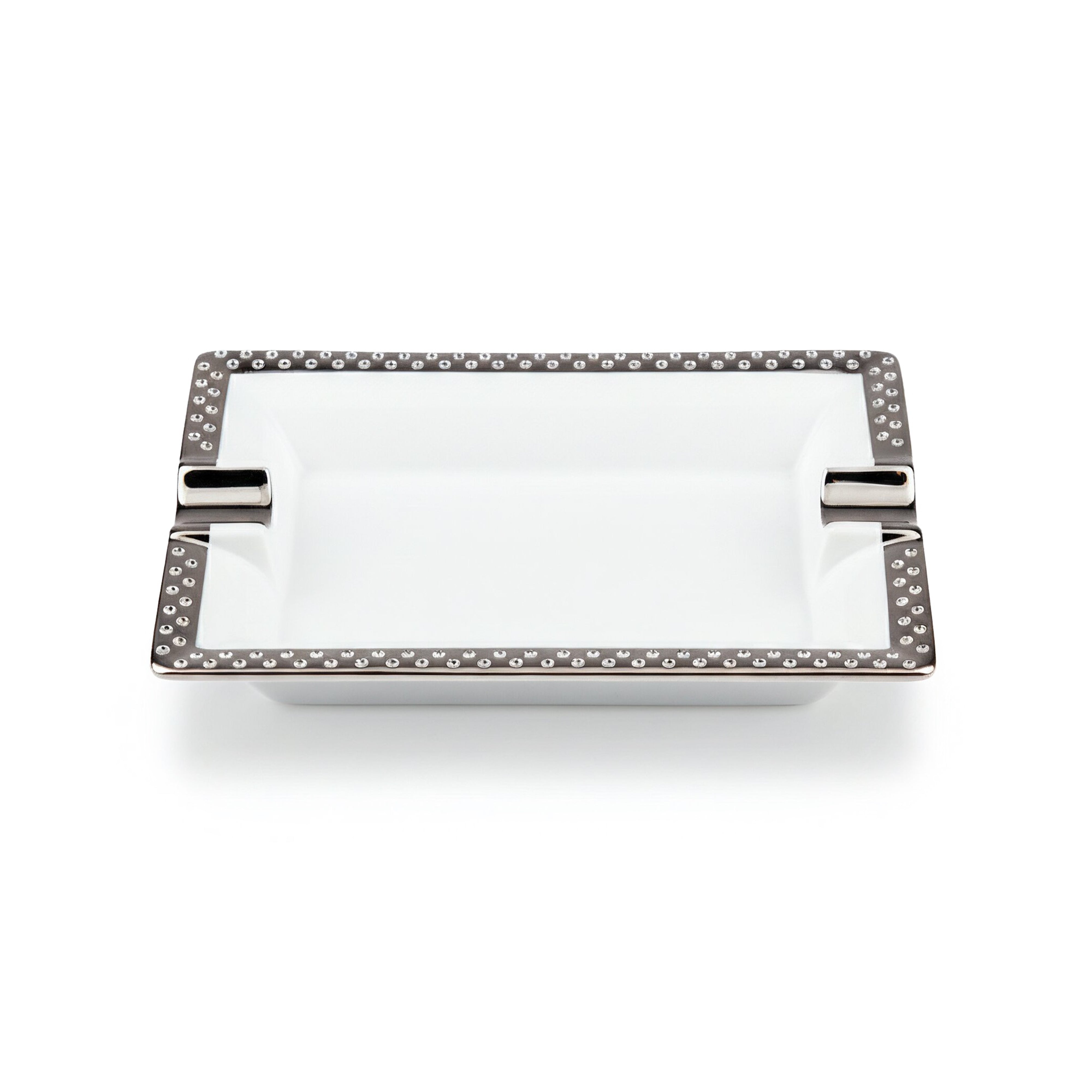 Manufacture De Monaco. Silver Porcelain Ashtray Studded with Swarovski. Medium Size