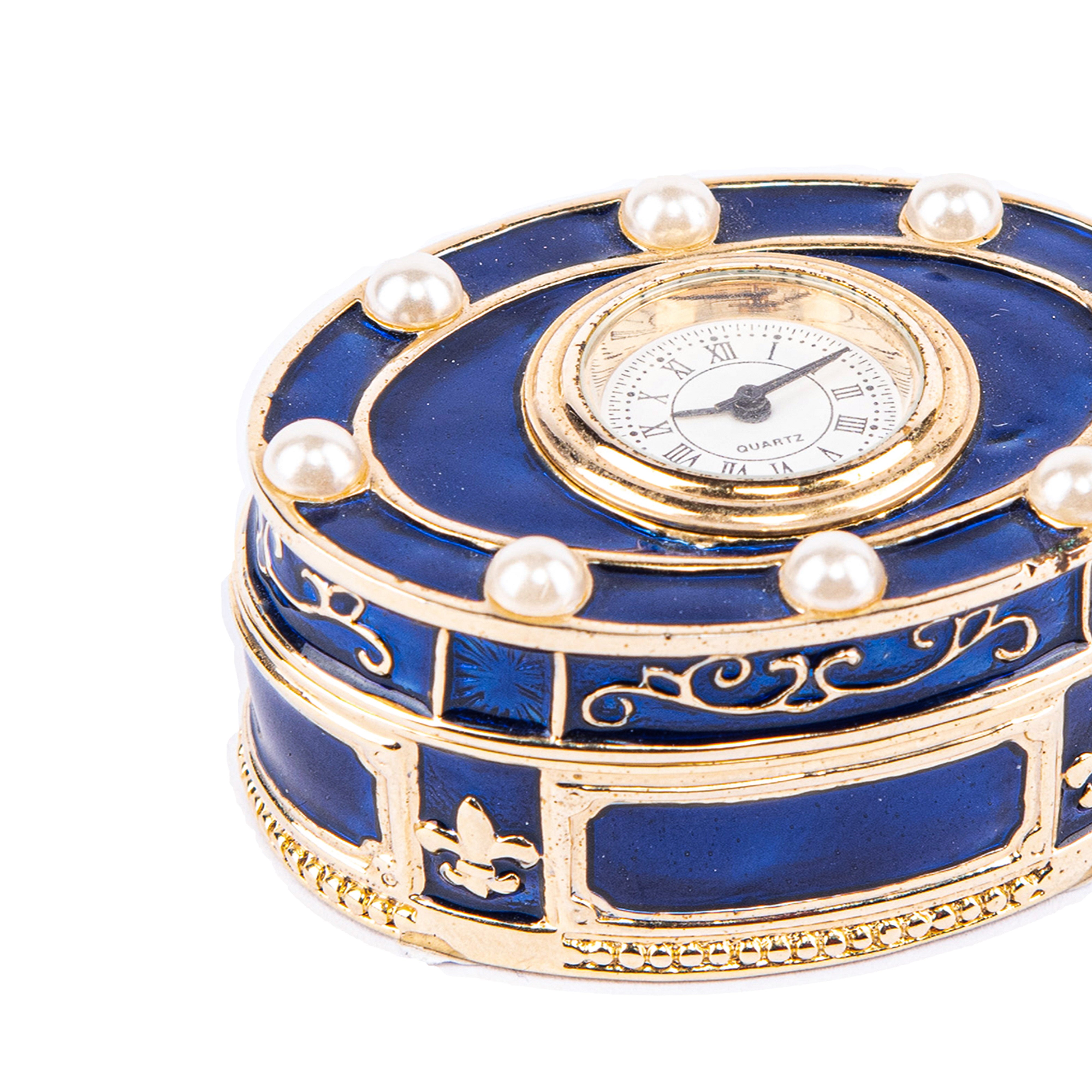 Arts & Civilisations. Blue Souvenir Box in A Clock Design Studded with Pearls