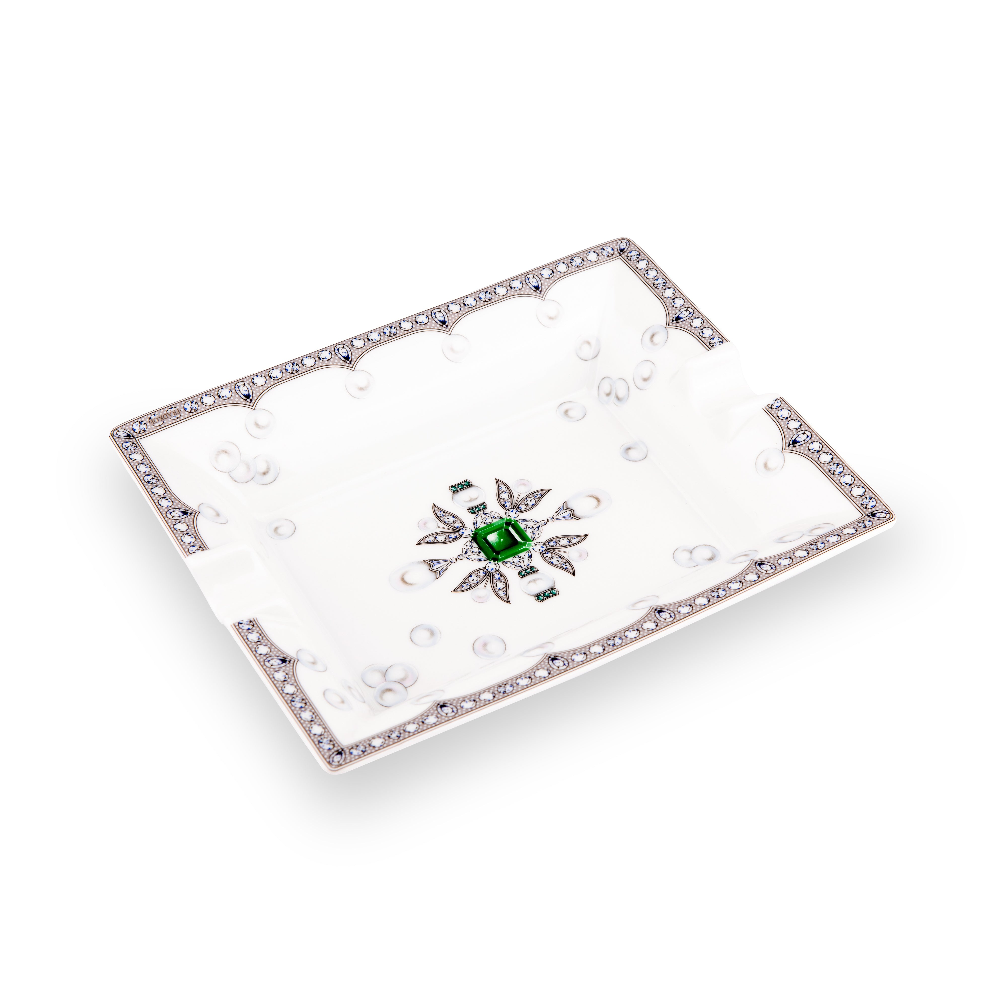 Fradkof. Limoges Hand Painted Porcelain Ashtray/Empty Pocket Studded with Emerald