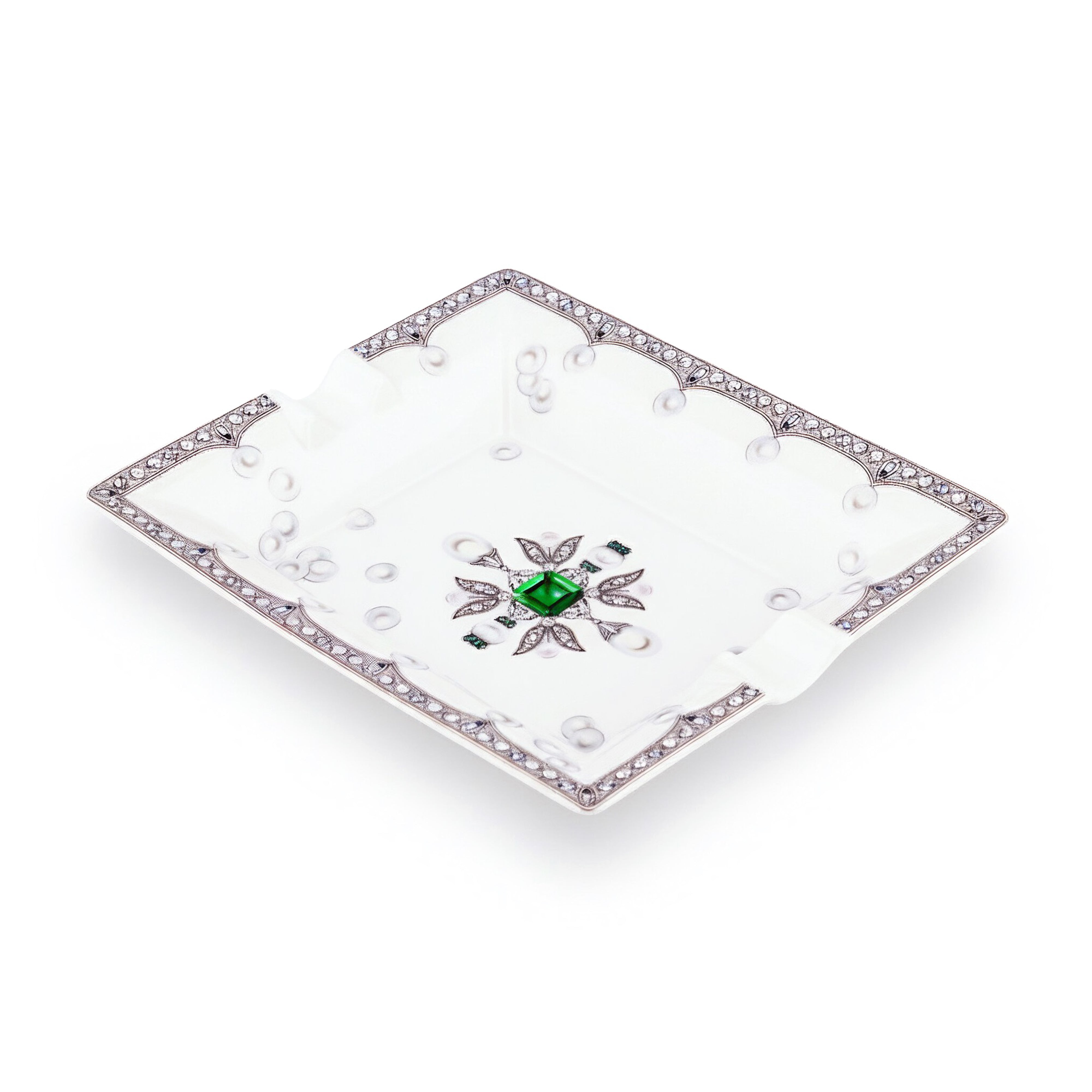 Fradkof. Limoges Hand Painted Porcelain Ashtray/Empty Pocket Studded with Emerald