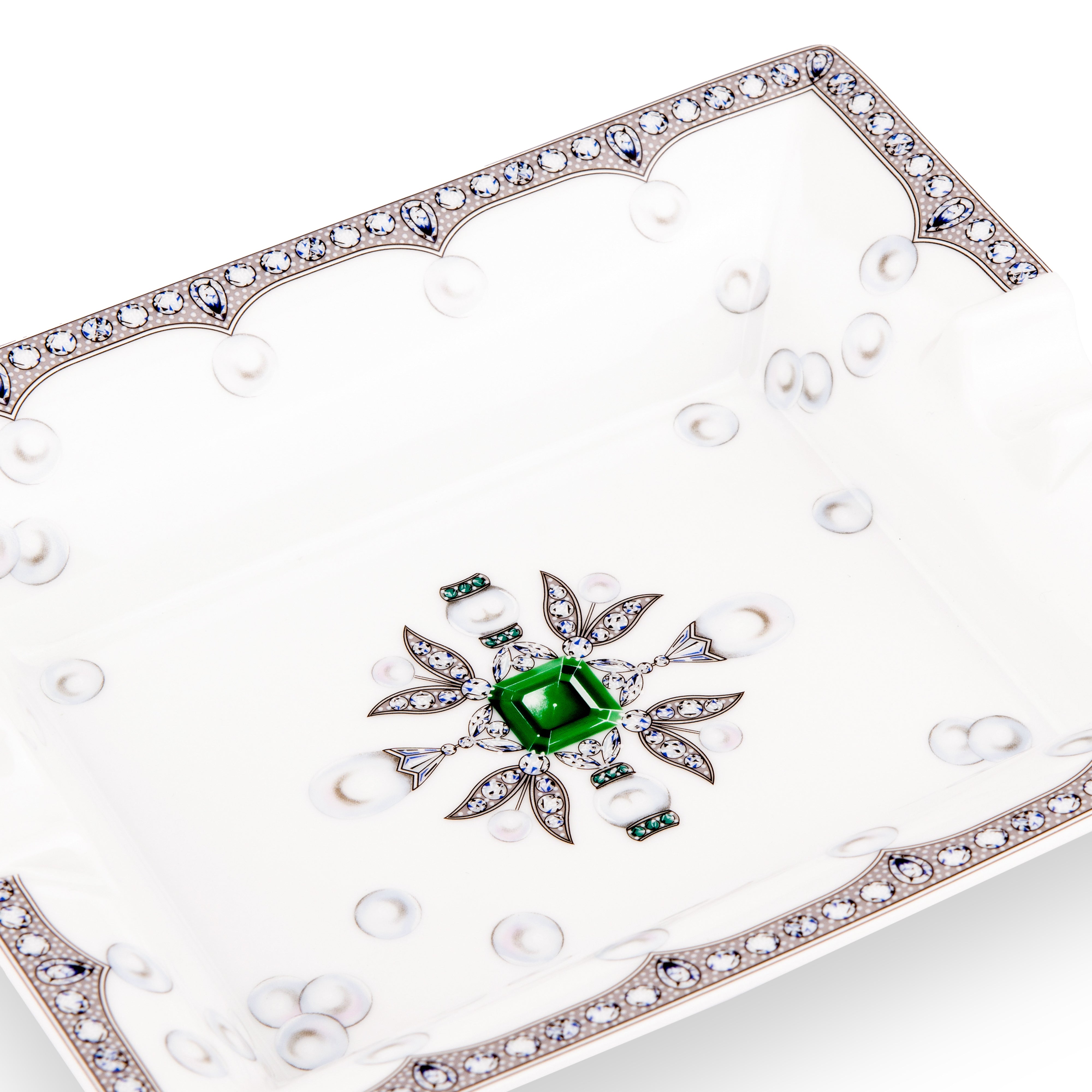 Fradkof. Limoges Hand Painted Porcelain Ashtray/Empty Pocket Studded with Emerald